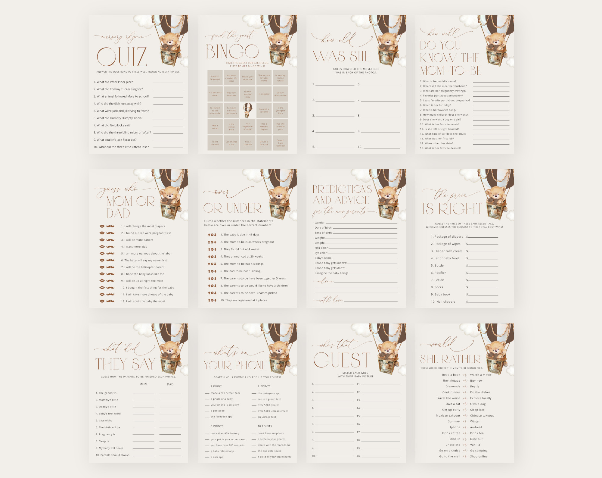 Bear in Brown Balloon Baby Shower Games Bundle, Set of 35 Games, Gender Neutral Baby Shower, Printable File, Edit Yourself, SH19 Bear in Brown Balloon Baby Shower Games Bundle, Set of 35 Games, Gender Neutral Baby Shower, Printable File, Edit Yourself, SH19
