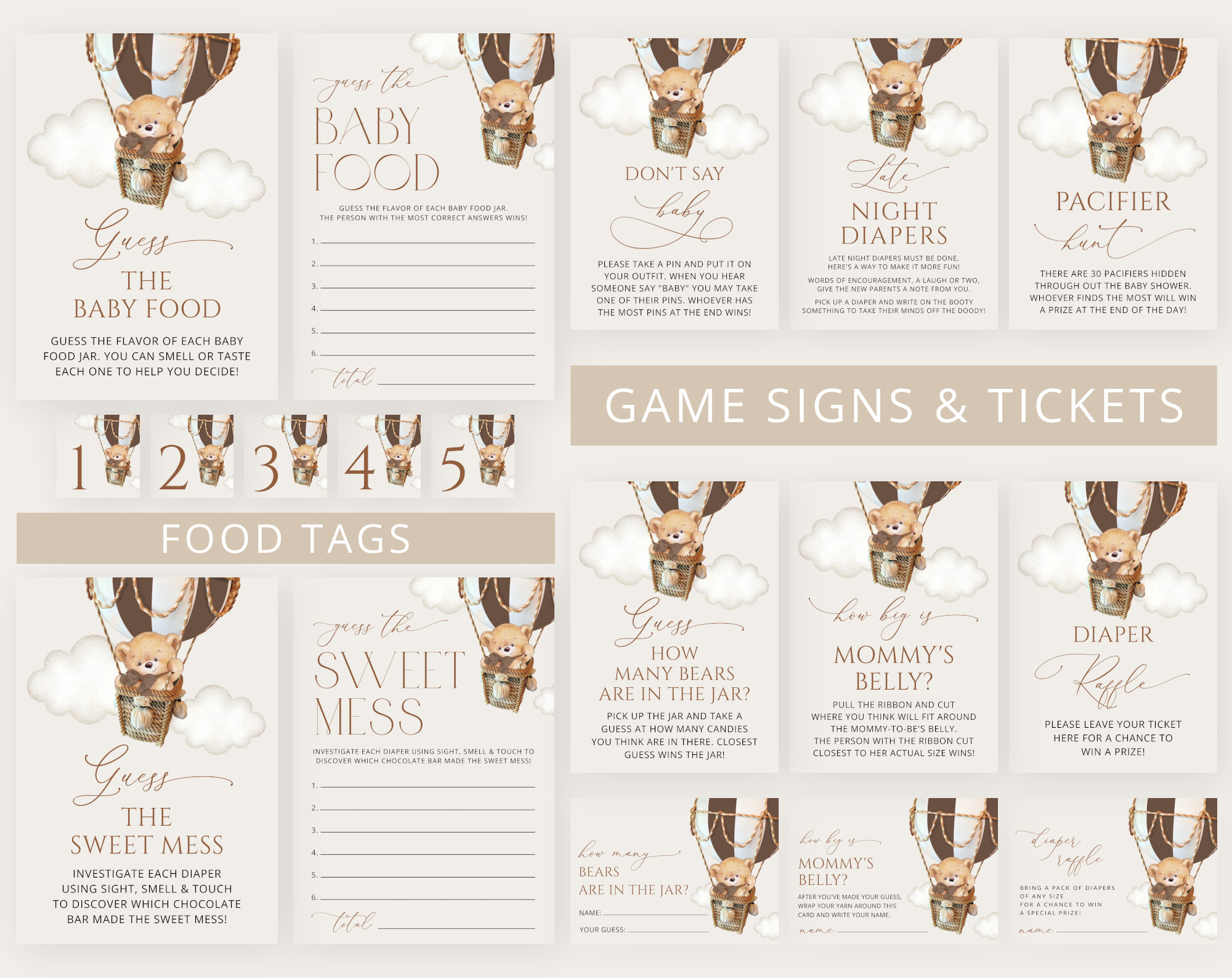 Bear in Brown Balloon Baby Shower Games Bundle, Set of 35 Games, Gender Neutral Baby Shower, Printable File, Edit Yourself, SH19 Bear in Brown Balloon Baby Shower Games Bundle, Set of 35 Games, Gender Neutral Baby Shower, Printable File, Edit Yourself, SH19