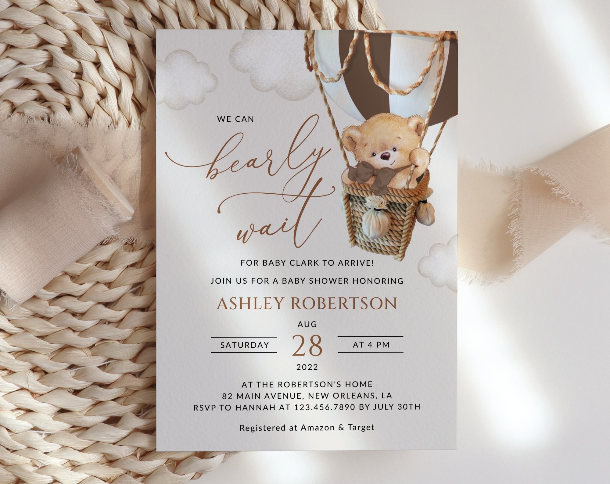 Bear in Brown Balloon Baby Shower Invitation, Gender Neutral Baby Shower, Printable File, Edit Yourself, SH19