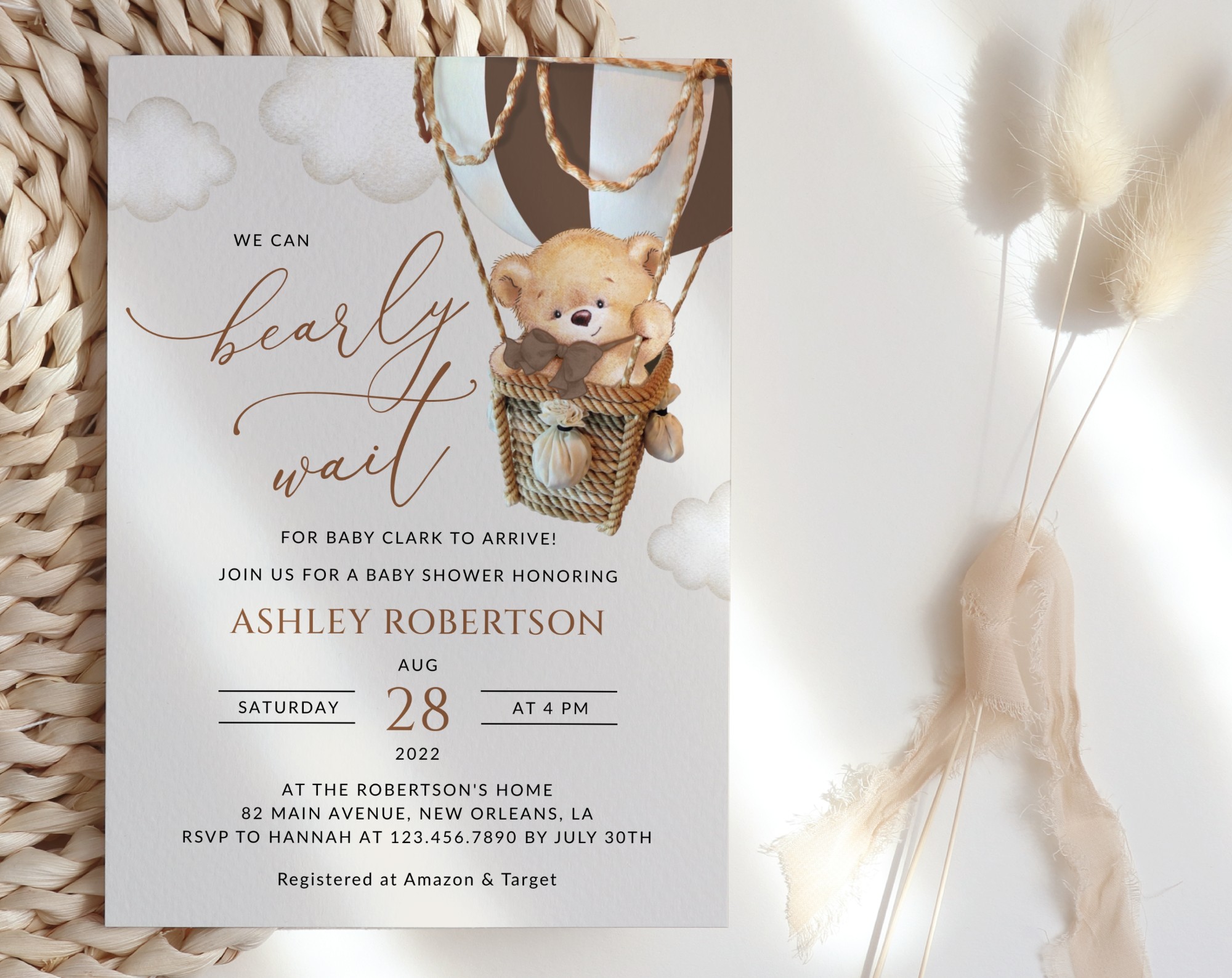 Bear in Brown Balloon Baby Shower Invitation, Gender Neutral Baby Shower, Printable File, Edit Yourself, SH19