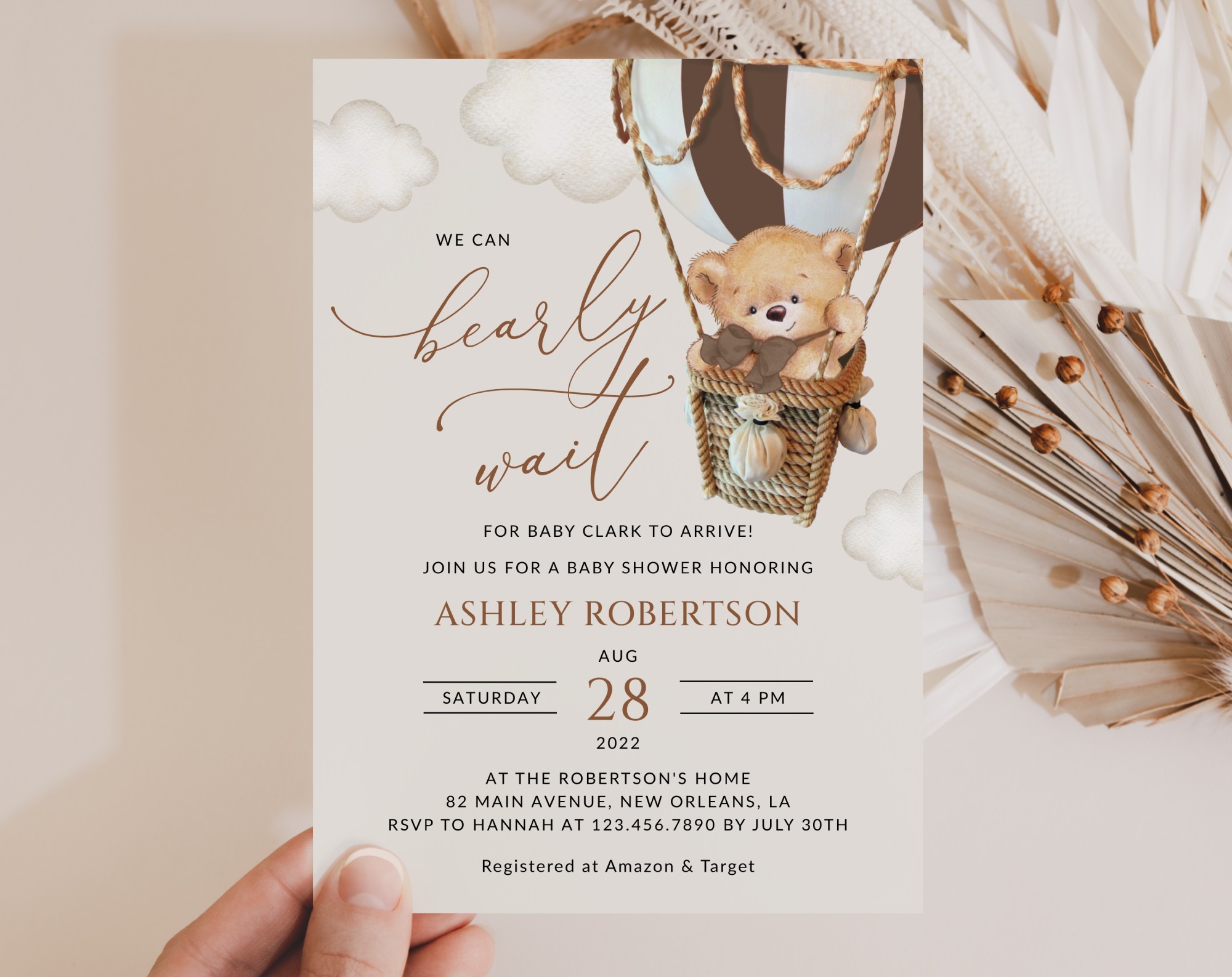 Bear in Brown Balloon Baby Shower Invitation, Gender Neutral Baby Shower, Printable File, Edit Yourself, SH19