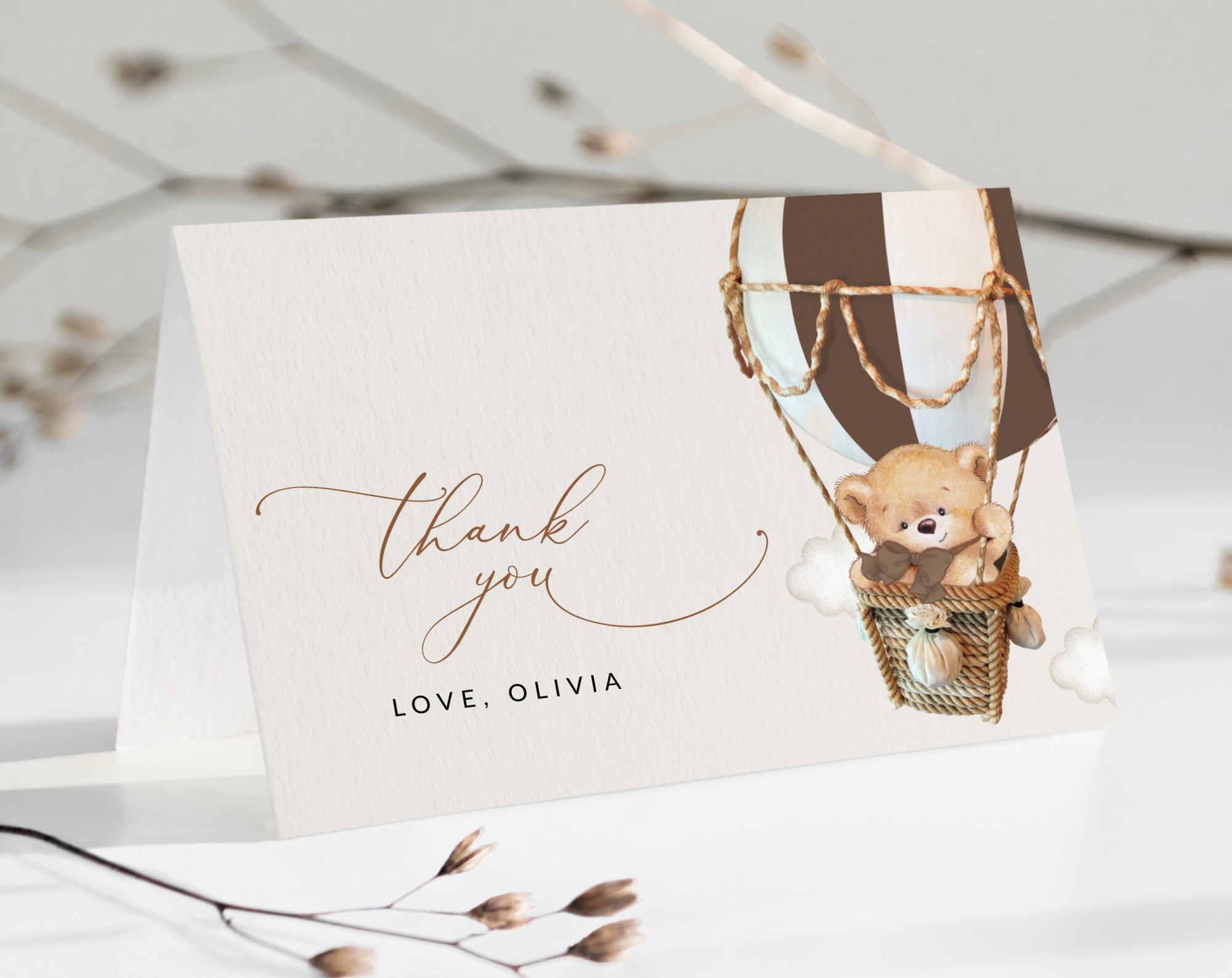 Bear in Brown Balloon Thank You Card, Gender Neutral Baby Shower, Printable File, Edit Yourself, SH19