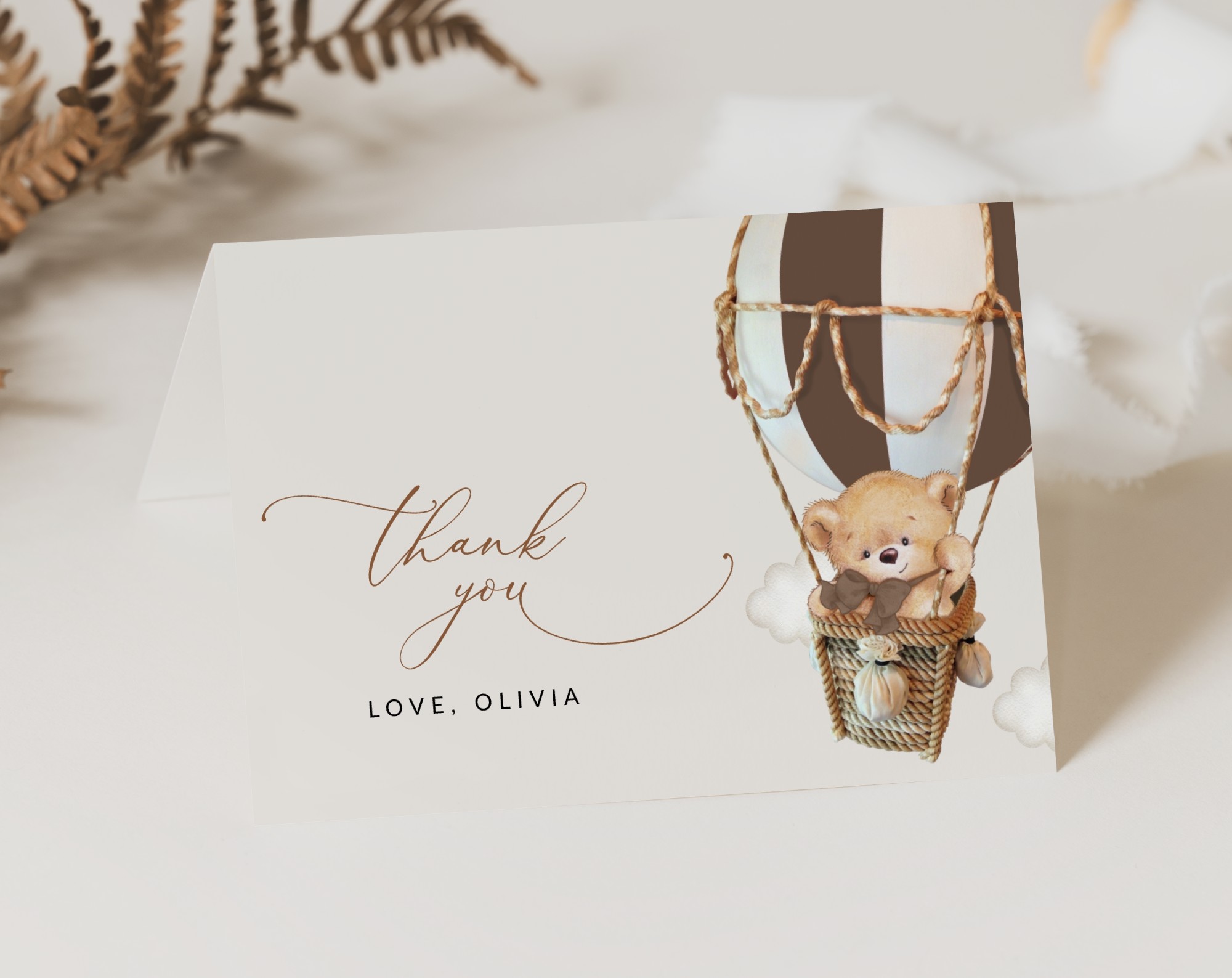 Bear in Brown Balloon Thank You Card, Gender Neutral Baby Shower, Printable File, Edit Yourself, SH19