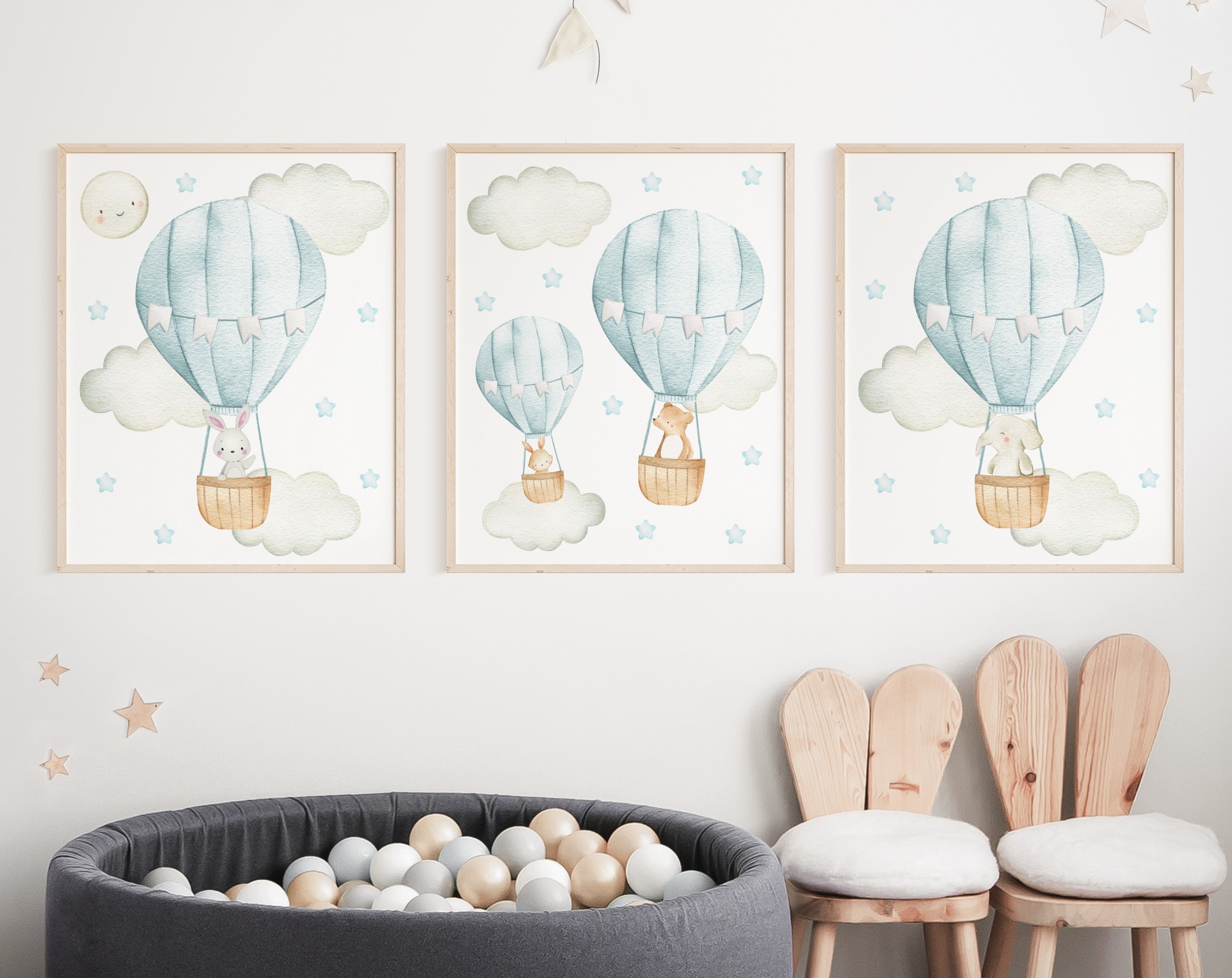 Blue Hot Air Balloon Animals Nursery Prints, Nursery Wall Art, Boy Nursery Decor, Printable File, SH20