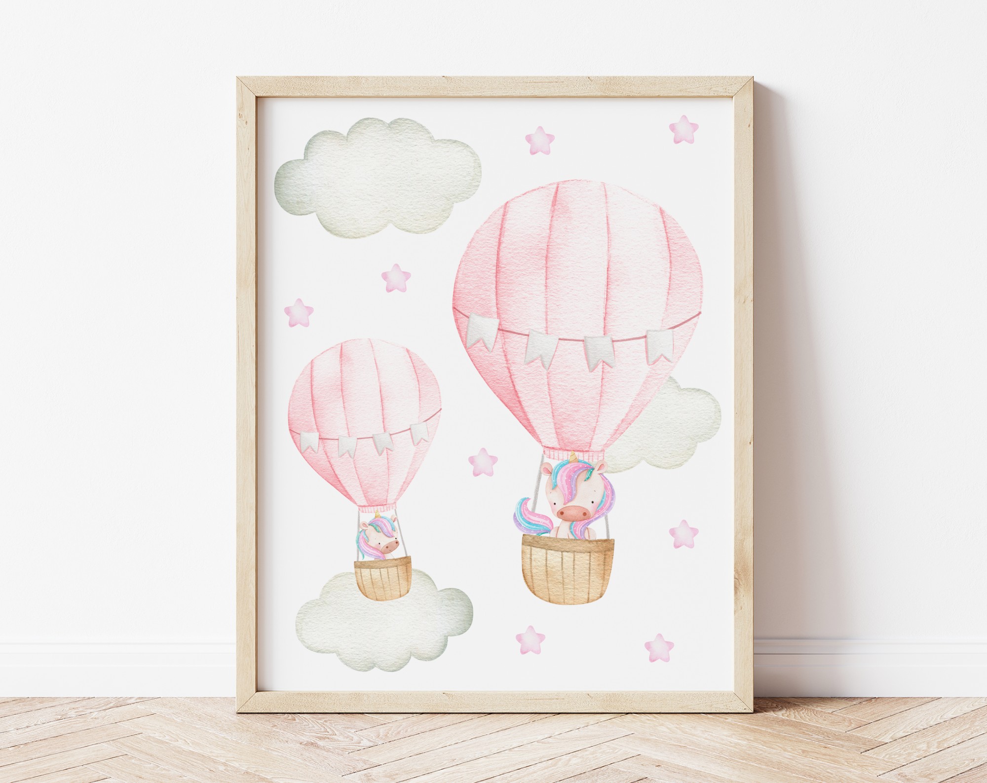 Pink Hot Air Balloon Unicorns Nursery Prints, Nursery Wall Art, Girl Nursery Decor, Printable File, SH26