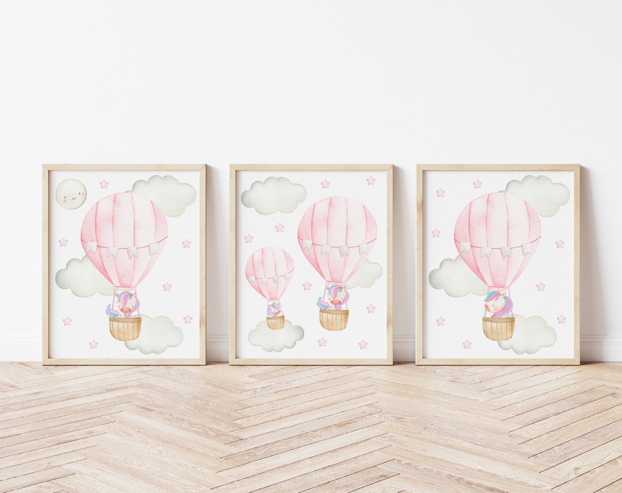 Pink Hot Air Balloon Unicorns Nursery Prints, Nursery Wall Art, Girl Nursery Decor, Printable File, SH26