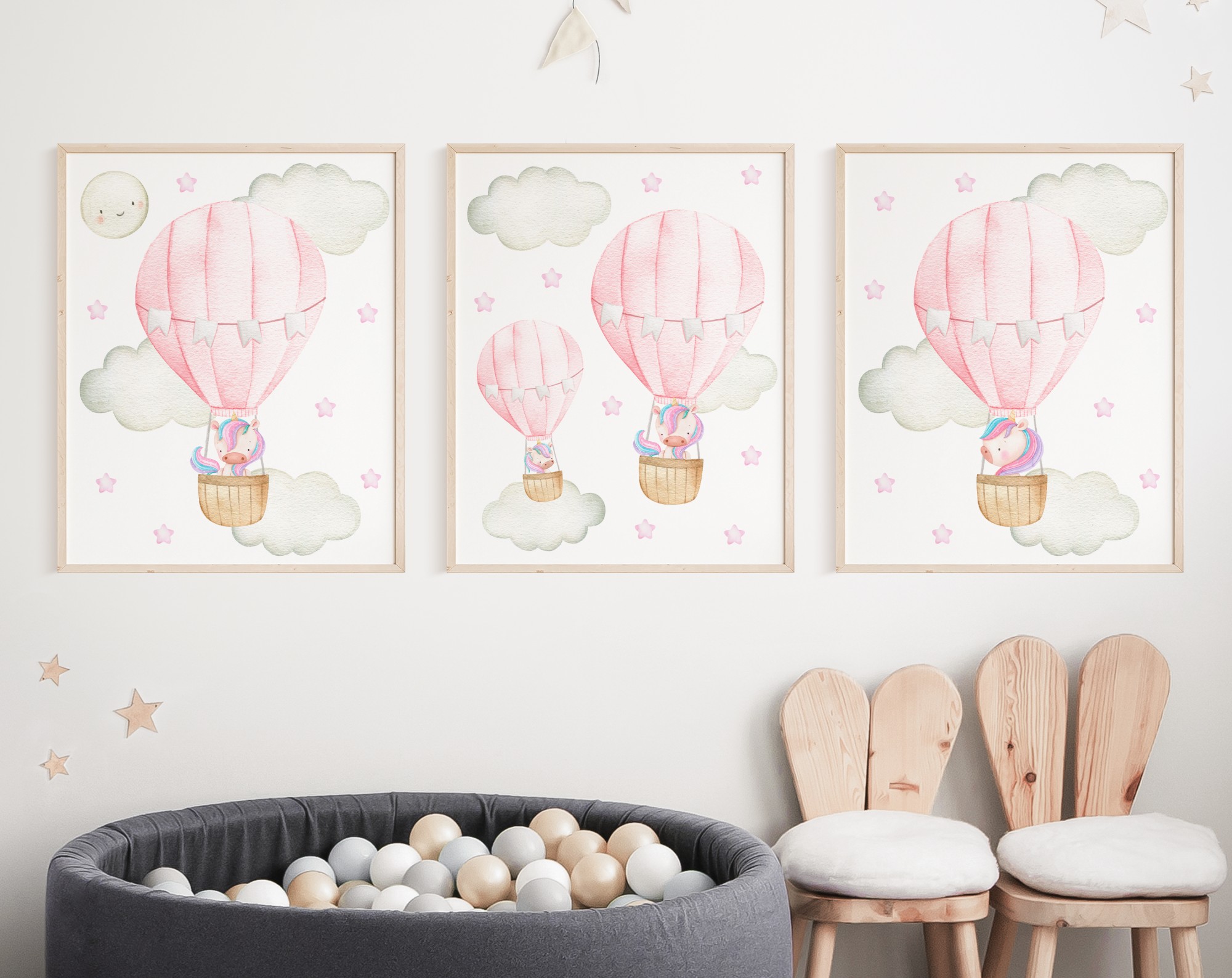 SH26 Hot Air Balloon Unicorns 7 Pink Hot Air Balloon Unicorns Nursery Prints, Set of 3, Nursery Wall Art, Girl Nursery Decor, Printable File, SH26