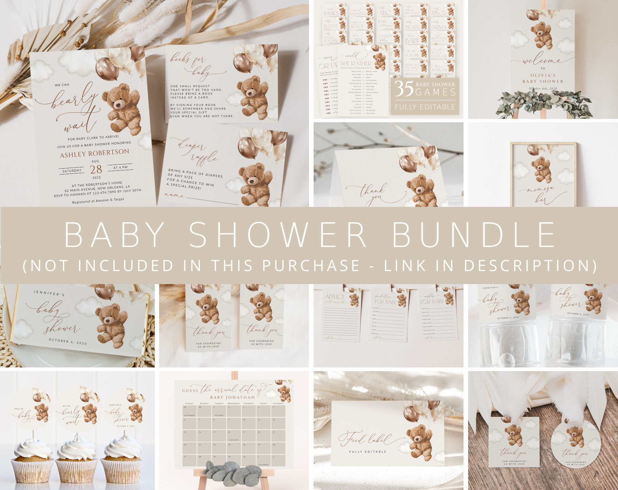 Teddy Bear with Brown Balloons Baby Shower Bundle, Gender Neutral Baby Shower, Printable File, Edit Yourself, SH64 Teddy Bear with Brown Balloons Baby Shower Bundle, Gender Neutral Baby Shower, Printable File, Edit Yourself, SH64