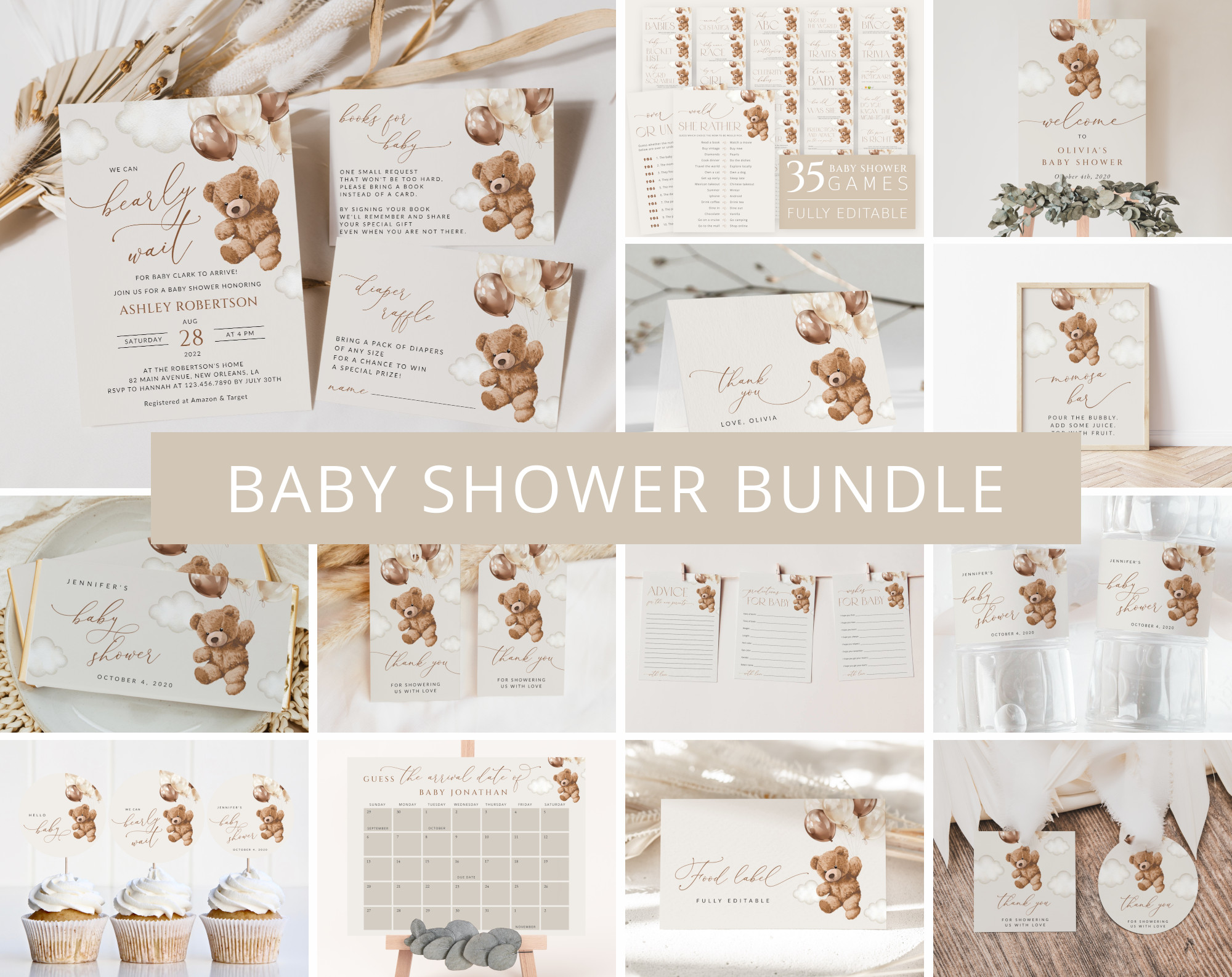 Teddy Bear with Brown Balloons Baby Shower Bundle, Gender Neutral Baby Shower, Printable File, Edit Yourself, SH64 Teddy Bear with Brown Balloons Baby Shower Bundle, Gender Neutral Baby Shower, Printable File, Edit Yourself, SH64