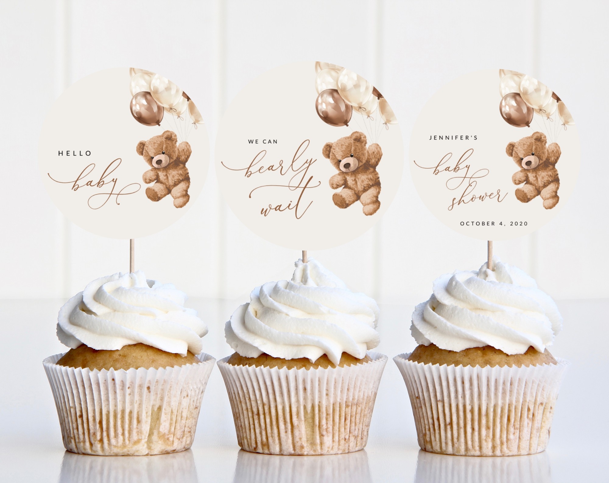 Teddy Bear with Brown Balloons Cupcake Toppers, Baby Shower Decoration, Gender Neutral Baby Shower, Printable File, Edit Yourself, SH64 Teddy Bear with Brown Balloons Cupcake Toppers, Baby Shower Decoration, Gender Neutral Baby Shower, Printable File, Edit Yourself, SH64