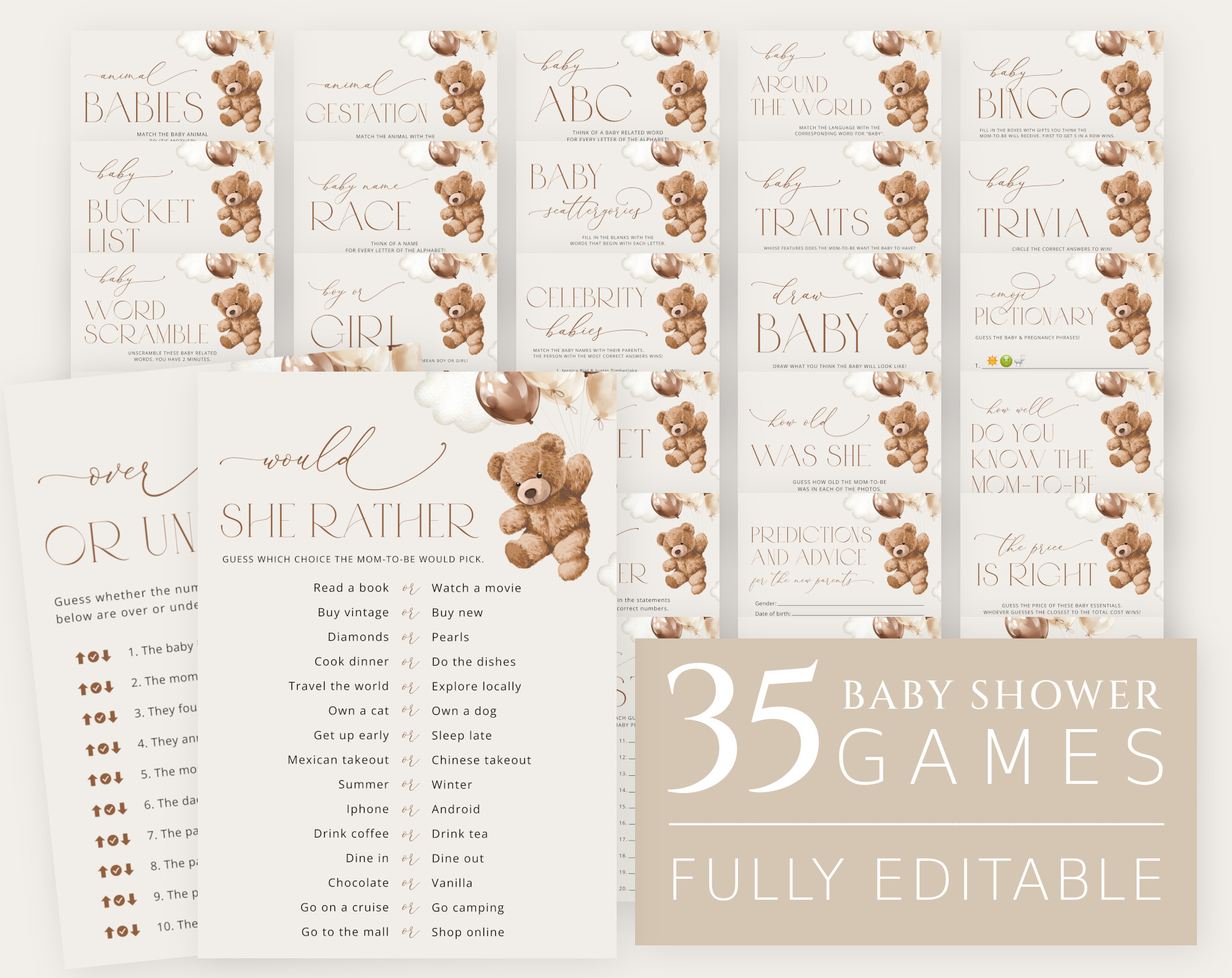 Teddy Bear with Brown Balloons Baby Shower Games Bundle, Set of 35 Games, Gender Neutral Baby Shower, Printable File, Edit Yourself, SH64