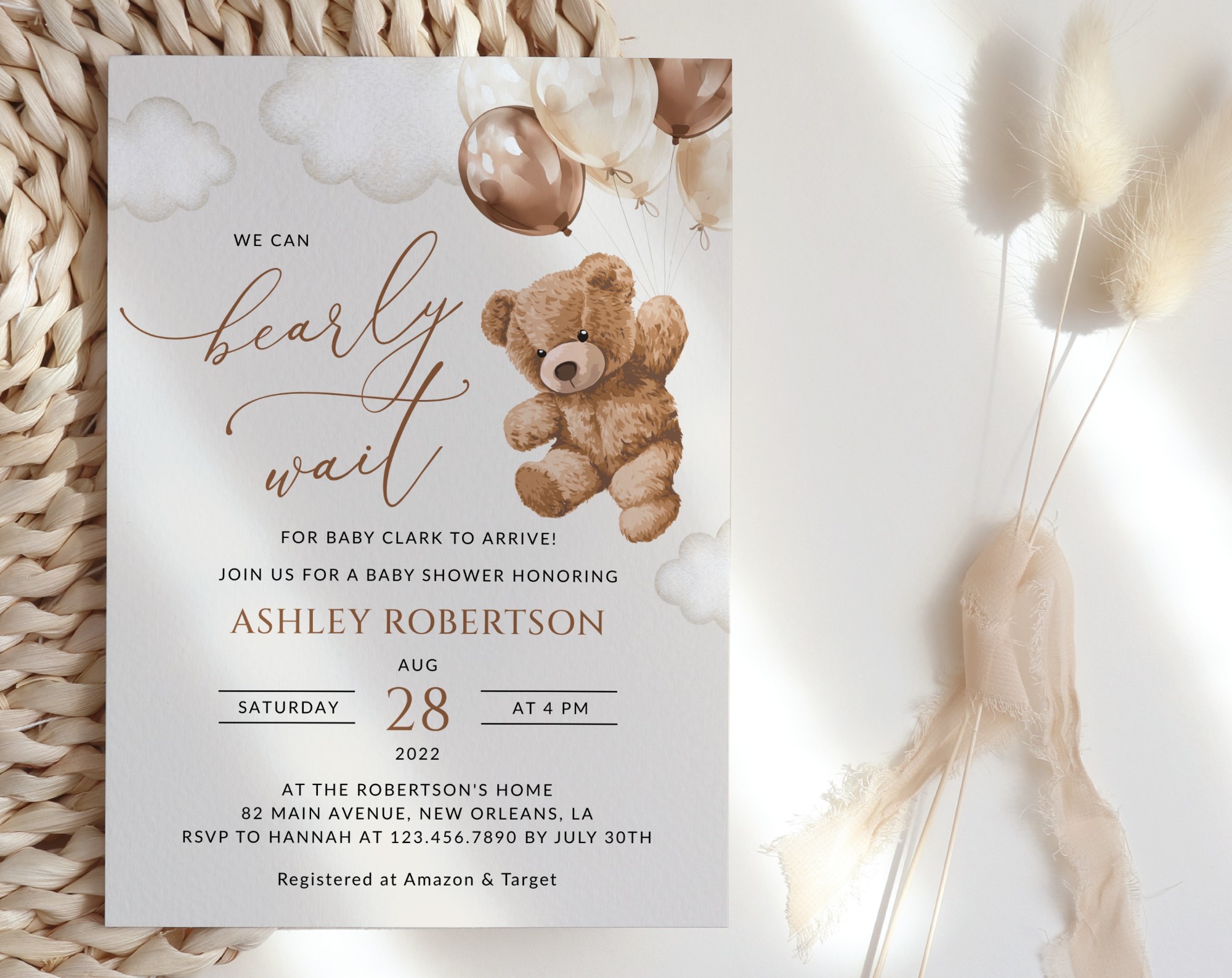 Teddy Bear with Brown Balloons Baby Shower Invitation, Gender Neutral Baby Shower, Printable File, Edit Yourself, SH64 Teddy Bear with Brown Balloons Baby Shower Invitation, Gender Neutral Baby Shower, Printable File, Edit Yourself, SH64