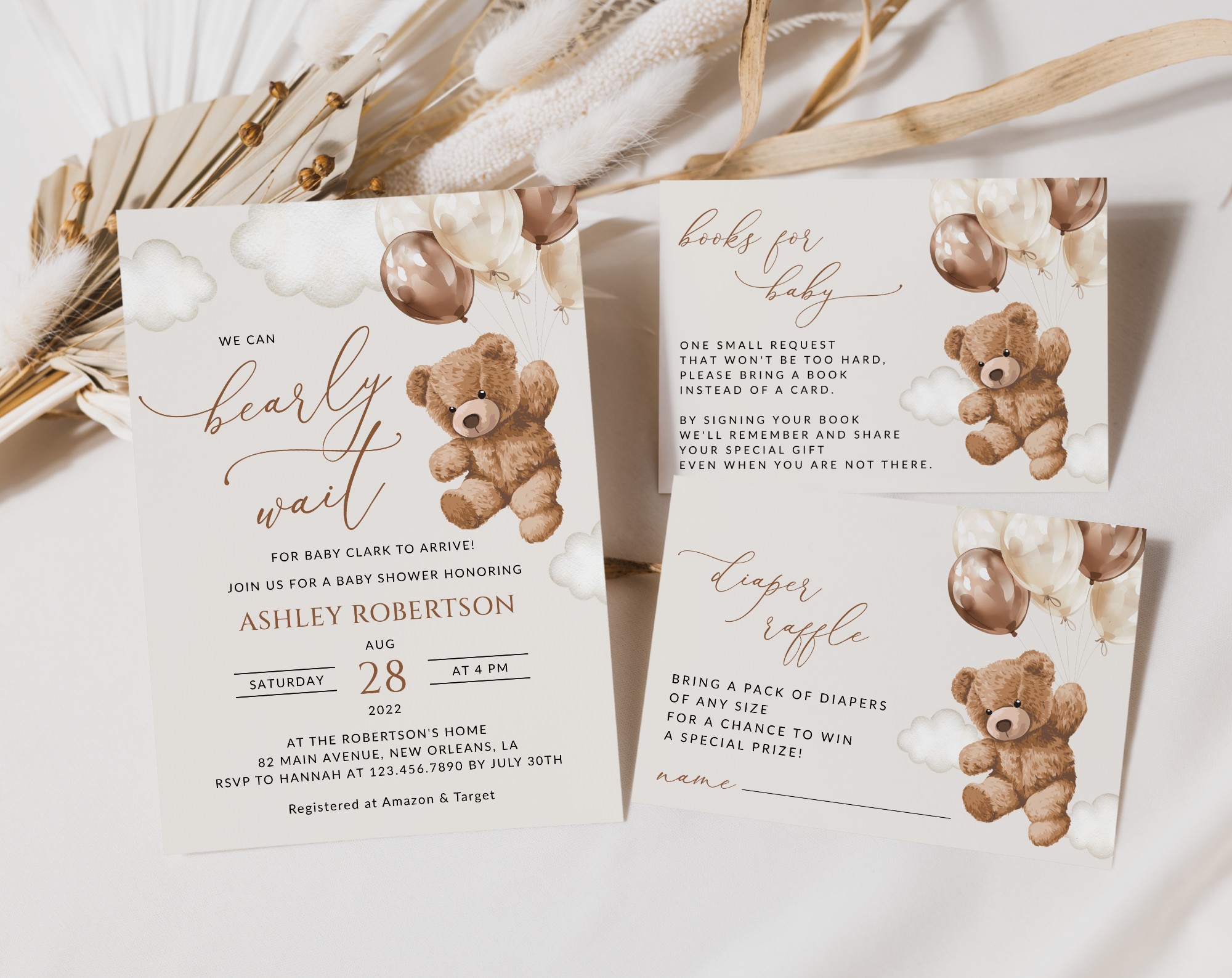 Teddy Bear with Brown Balloons Baby Shower Invitation Suite, Gender Neutral Baby Shower, Printable File, Edit Yourself, SH64 Teddy Bear with Brown Balloons Baby Shower Invitation Suite, Gender Neutral Baby Shower, Printable File, Edit Yourself, SH64