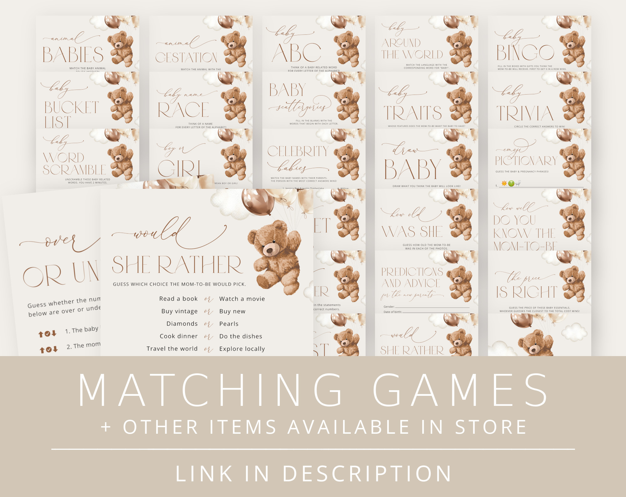 Teddy Bear with Brown Balloons Baby Shower Games Bundle, Set of 35 Games, Gender Neutral Baby Shower, Printable File, Edit Yourself, SH64 Teddy Bear with Brown Balloons Baby Shower Games Bundle, Set of 35 Games, Gender Neutral Baby Shower, Printable File, Edit Yourself, SH64