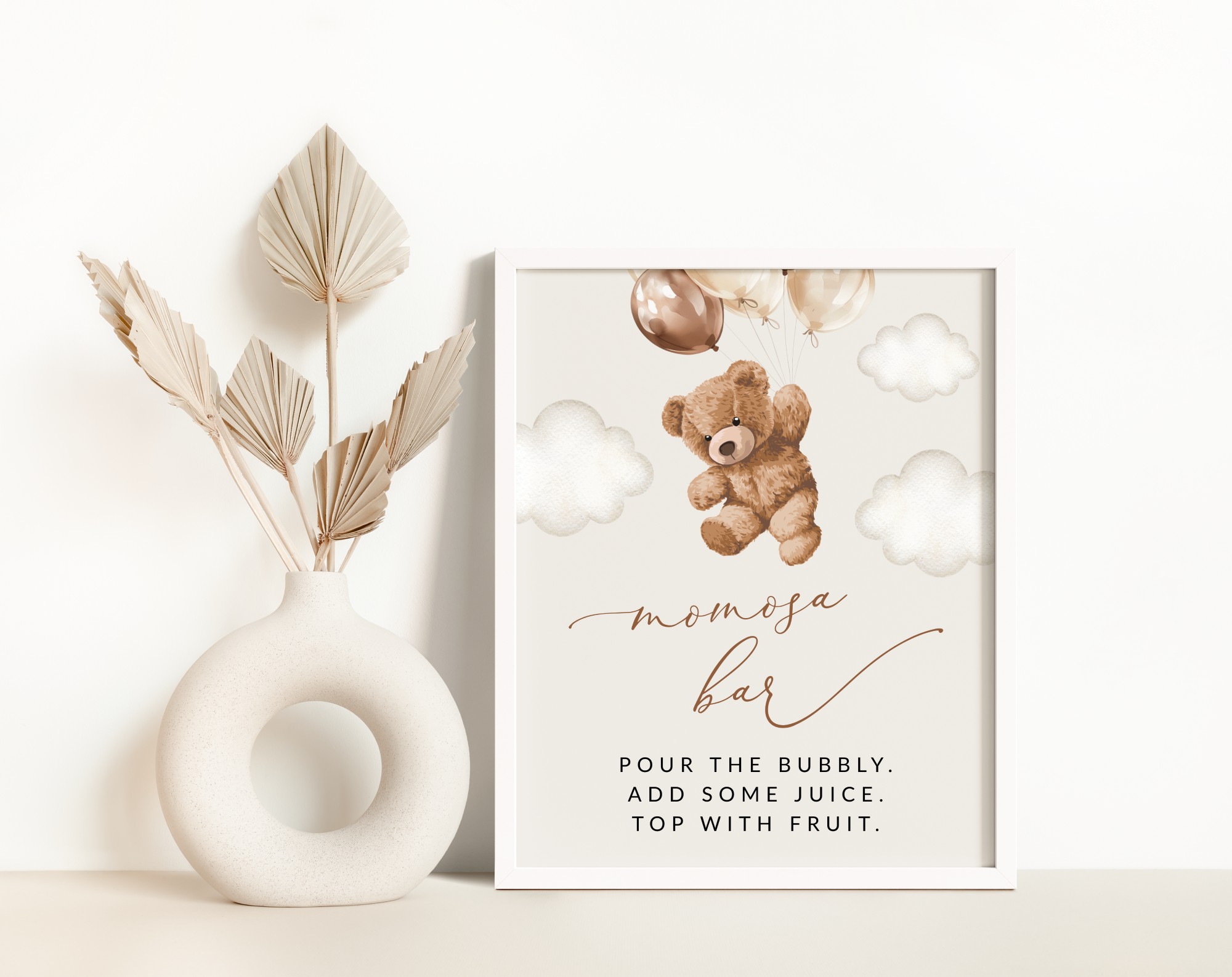Teddy Bear with Brown Balloons Momosa Bar Sign, Baby Shower Sign, Gender Neutral Baby Shower, Printable File, Edit Yourself, SH64