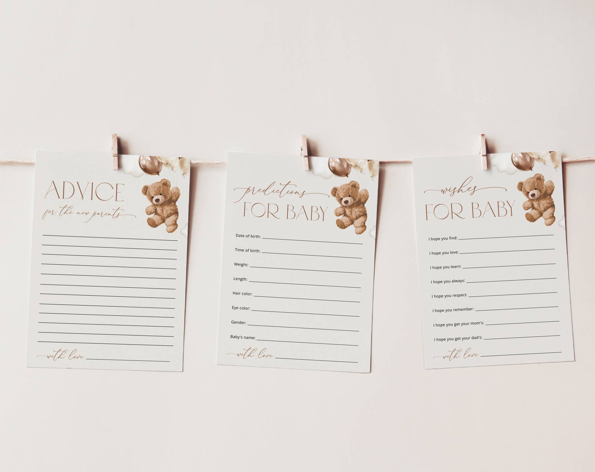 Teddy Bear with Brown Balloons Baby Shower Games, Set of 3 Games, Advice Predictions Wishes, Gender Neutral Baby Shower, Printable File, Edit Yourself, SH64
