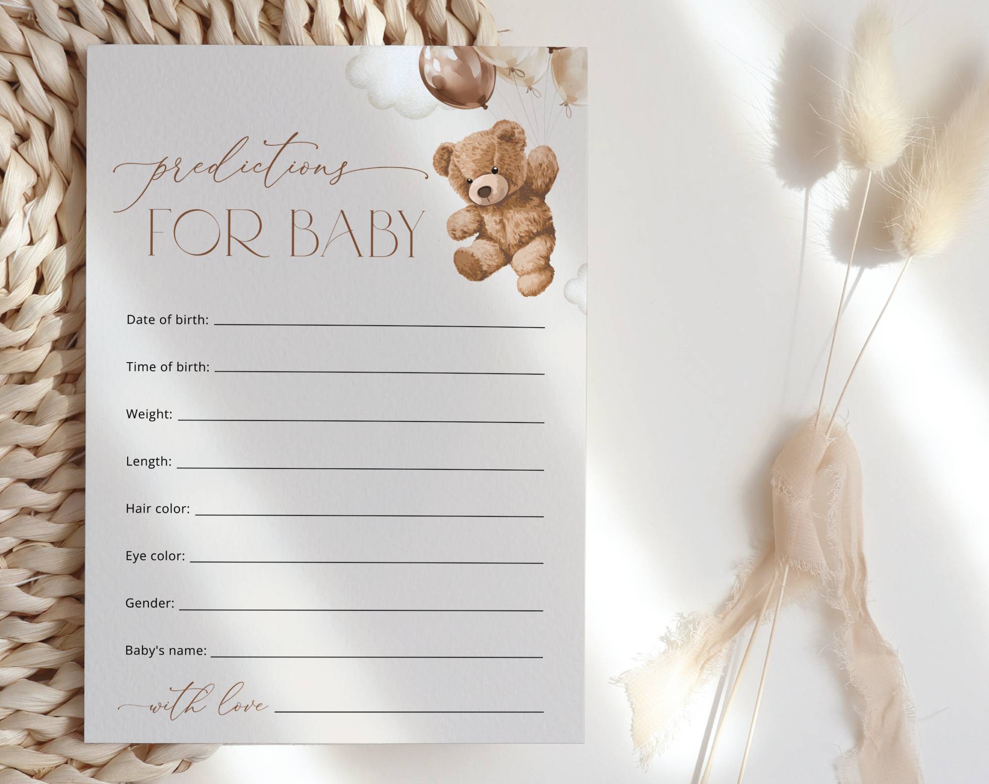 Teddy Bear with Brown Balloons Baby Shower Games, Set of 3 Games, Advice Predictions Wishes, Gender Neutral Baby Shower, Printable File, Edit Yourself, SH64