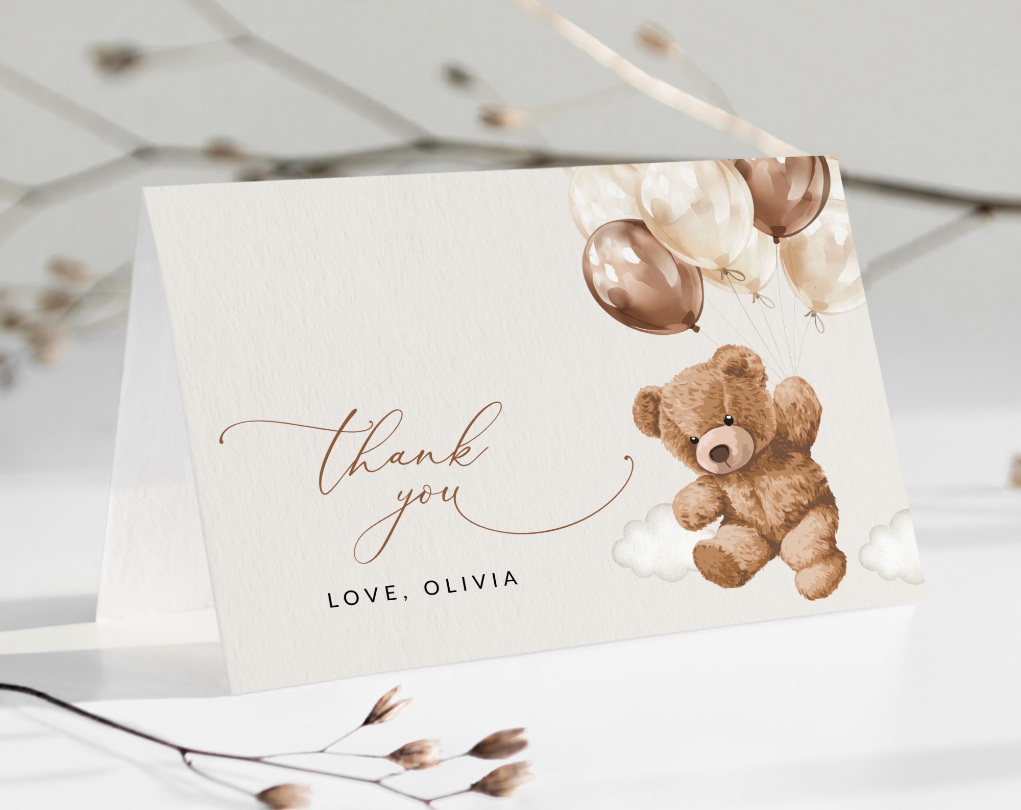 Teddy Bear with Brown Balloons Thank You Card, Gender Neutral Baby Shower, Printable File, Edit Yourself, SH64