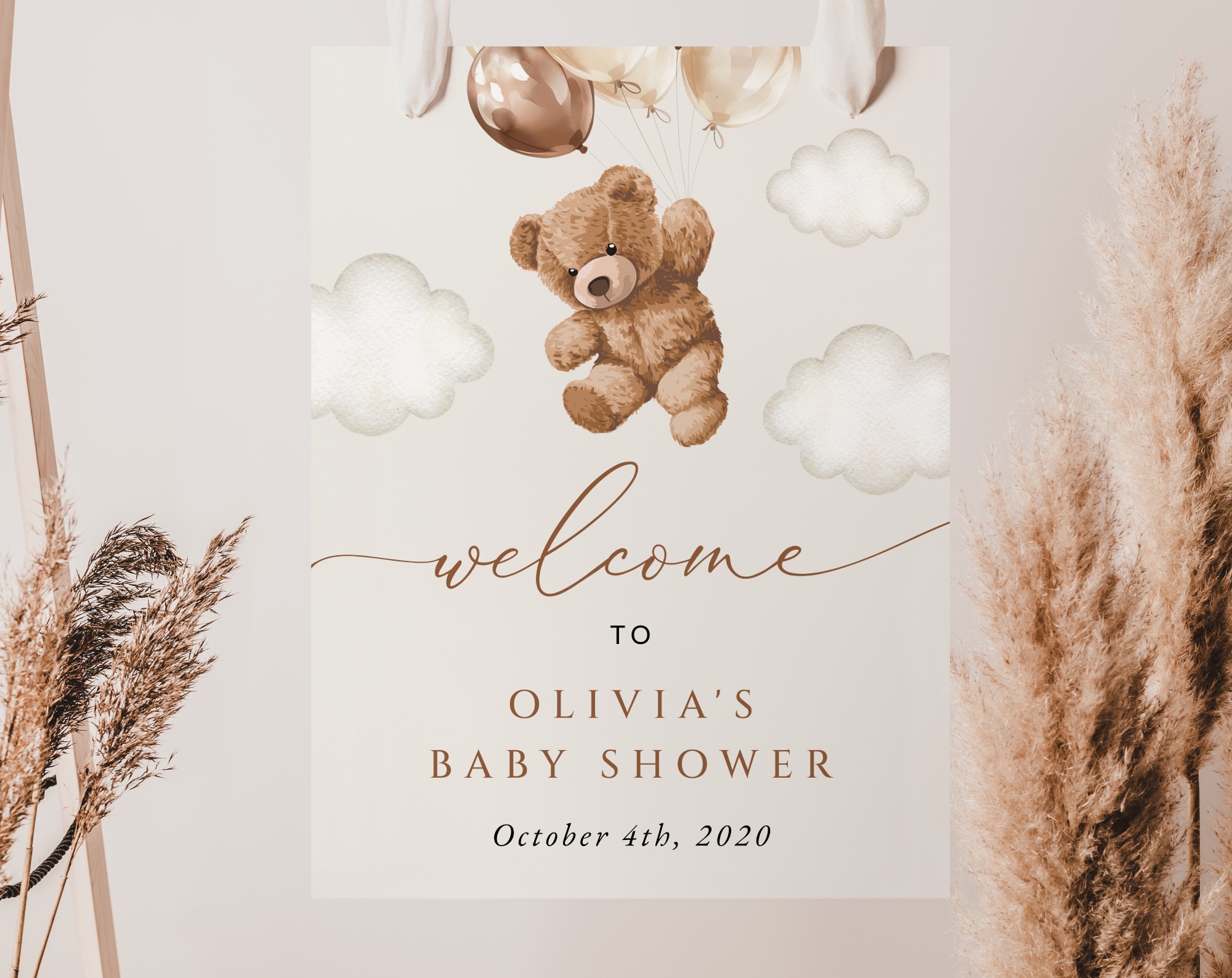 Teddy Bear with Brown Balloons Welcome Sign, Baby Shower Sign, Gender Neutral Baby Shower, Printable File, Edit Yourself, SH64