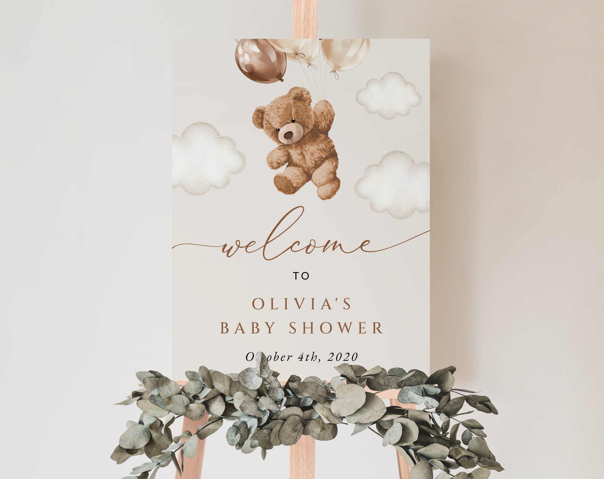 Teddy Bear with Brown Balloons Welcome Sign, Baby Shower Sign, Gender Neutral Baby Shower, Printable File, Edit Yourself, SH64