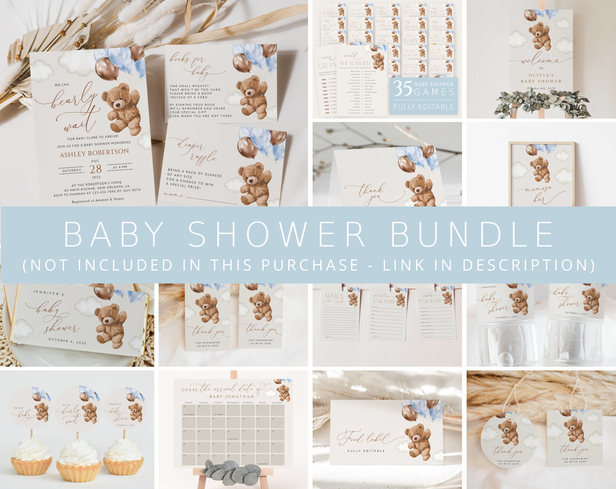 Teddy Bear with Blue Balloons Baby Shower Bundle, Boy Baby Shower, Printable File, Edit Yourself, SH65 Teddy Bear with Blue Balloons Baby Shower Bundle, Boy Baby Shower, Printable File, Edit Yourself, SH65