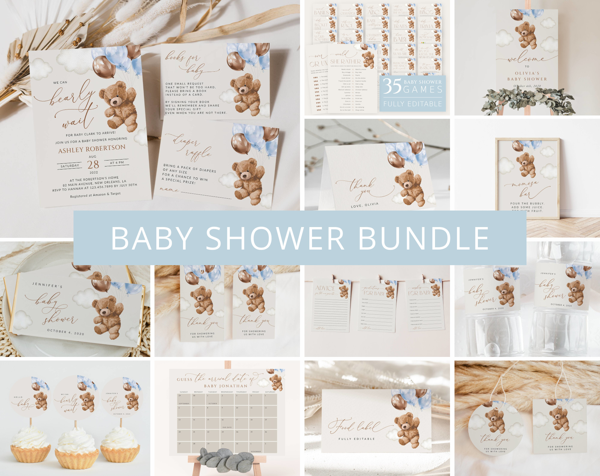 Teddy Bear with Blue Balloons Baby Shower Bundle, Boy Baby Shower, Printable File, Edit Yourself, SH65 Teddy Bear with Blue Balloons Baby Shower Bundle, Boy Baby Shower, Printable File, Edit Yourself, SH65