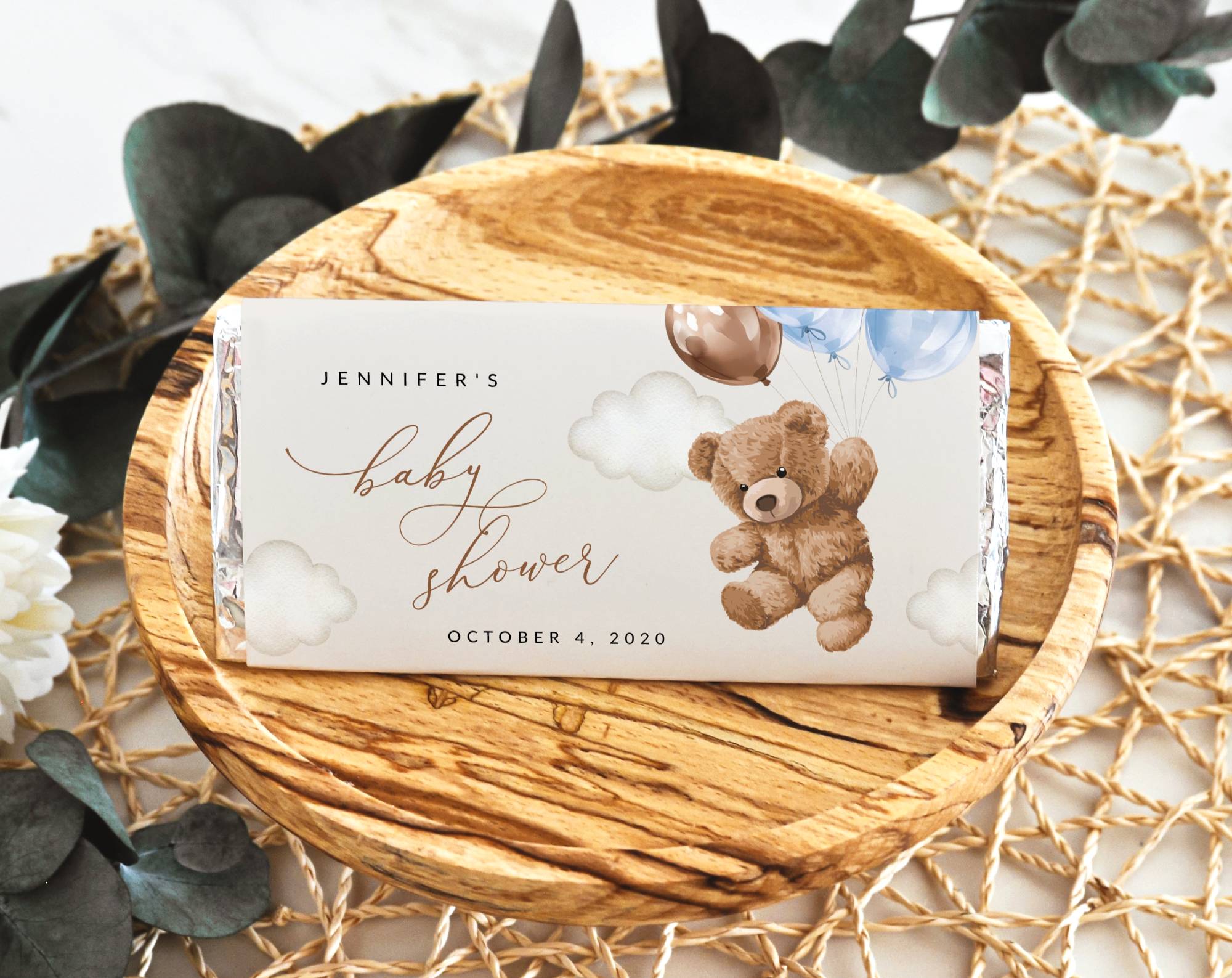 Teddy Bear with Blue Balloons Chocolate Bar Wrapper, Candy Bar Wrapper, Boy Baby Shower, Printable File, Edit Yourself, SH65