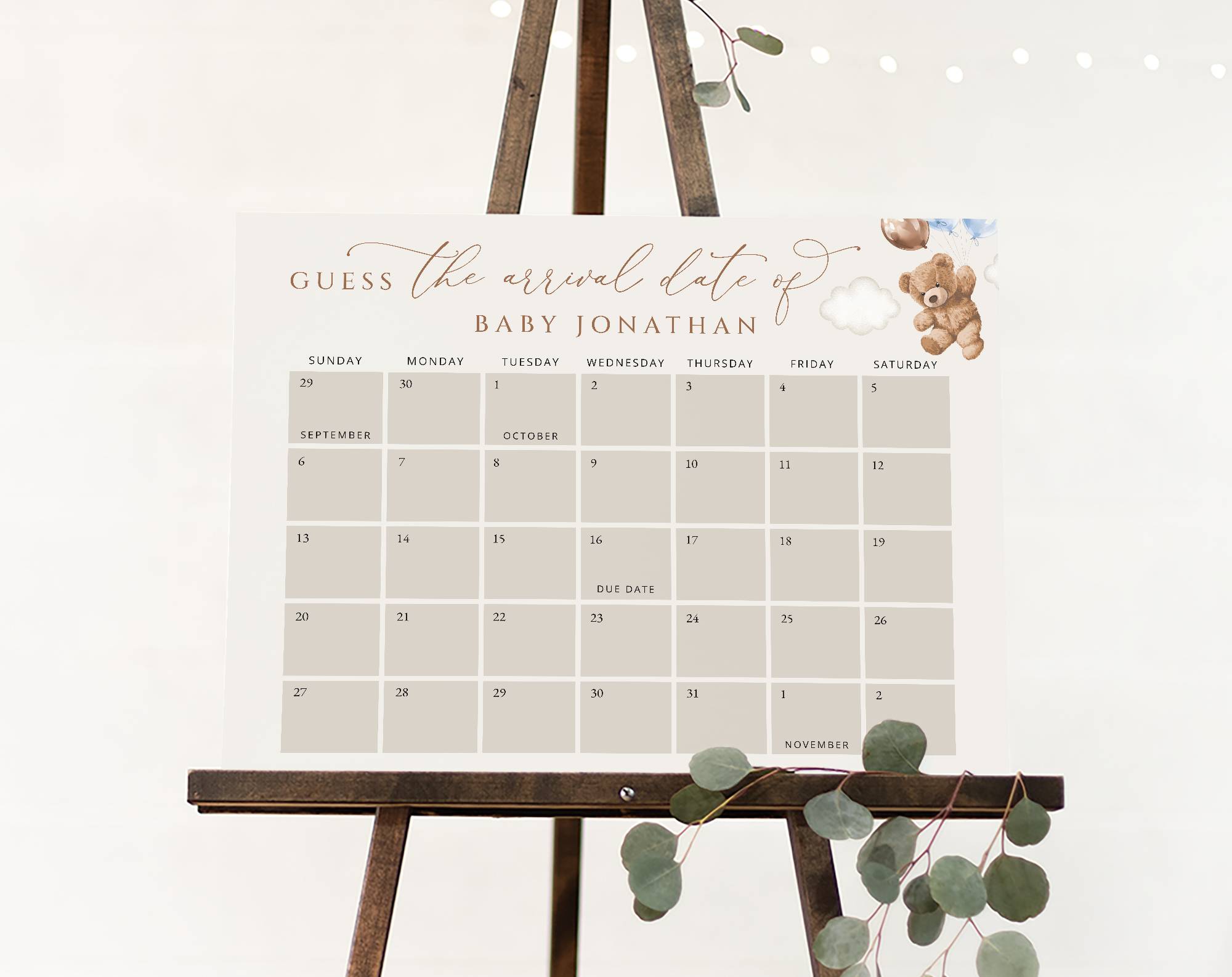 Teddy Bear with Blue Balloons Guess the Due Date, Baby Shower Game, Boy Baby Shower, Printable File, Edit Yourself, SH65 Teddy Bear with Blue Balloons Guess the Due Date, Baby Shower Game, Boy Baby Shower, Printable File, Edit Yourself, SH65