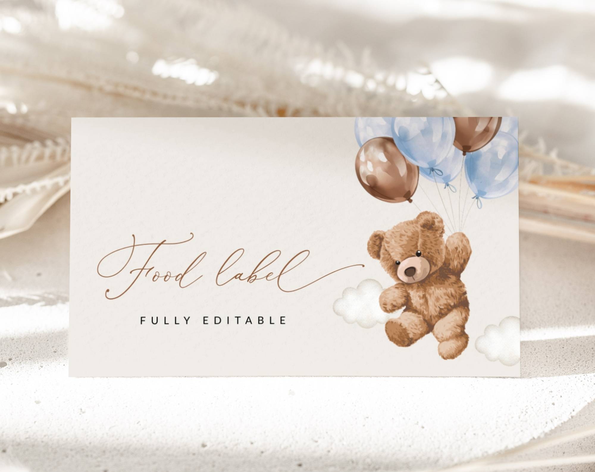 Teddy Bear with Blue Balloons Food Label, Baby Shower Decoration, Boy Baby Shower, Printable File, Edit Yourself, SH65