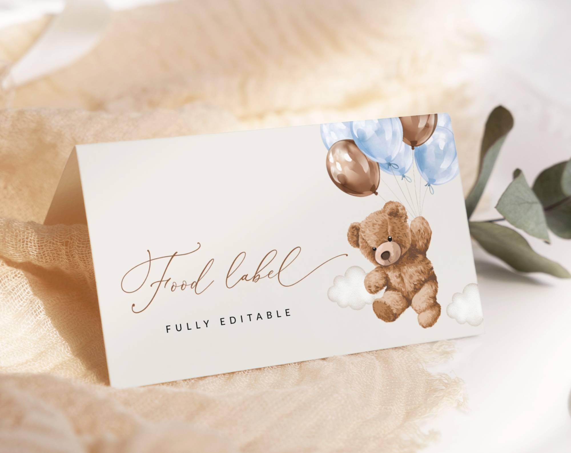 Teddy Bear with Blue Balloons Food Label, Baby Shower Decoration, Boy Baby Shower, Printable File, Edit Yourself, SH65