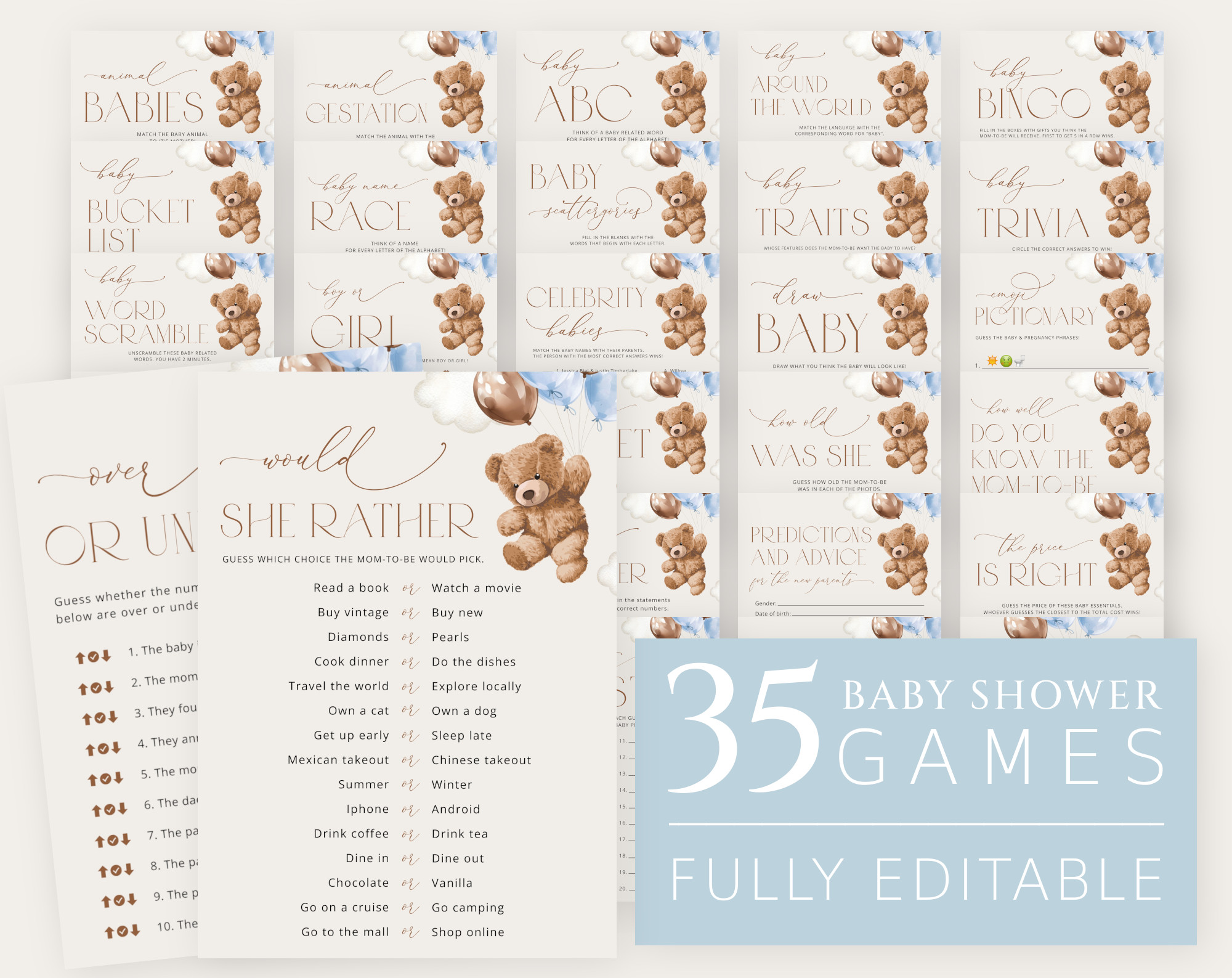 Teddy Bear with Blue Balloons Baby Shower Games Bundle, Set of 35 Games, Boy Baby Shower, Printable File, Edit Yourself, SH65 Teddy Bear with Blue Balloons Baby Shower Games Bundle, Set of 35 Games, Boy Baby Shower, Printable File, Edit Yourself, SH65