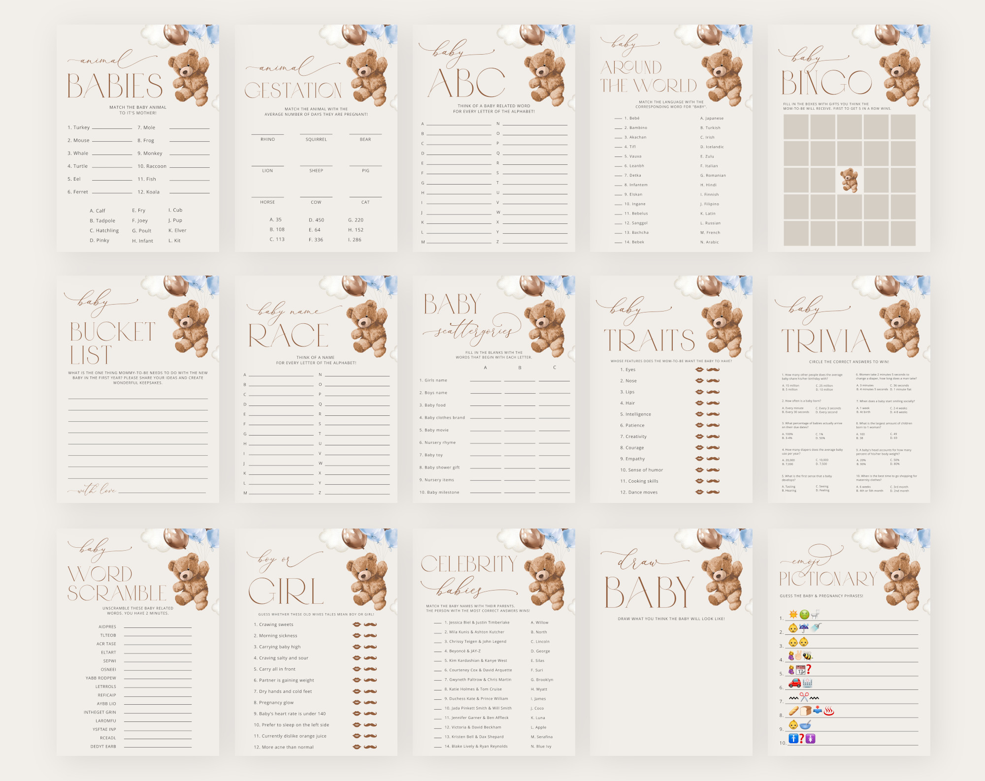 Teddy Bear with Blue Balloons Baby Shower Games Bundle, Set of 35 Games, Boy Baby Shower, Printable File, Edit Yourself, SH65 Teddy Bear with Blue Balloons Baby Shower Games Bundle, Set of 35 Games, Boy Baby Shower, Printable File, Edit Yourself, SH65