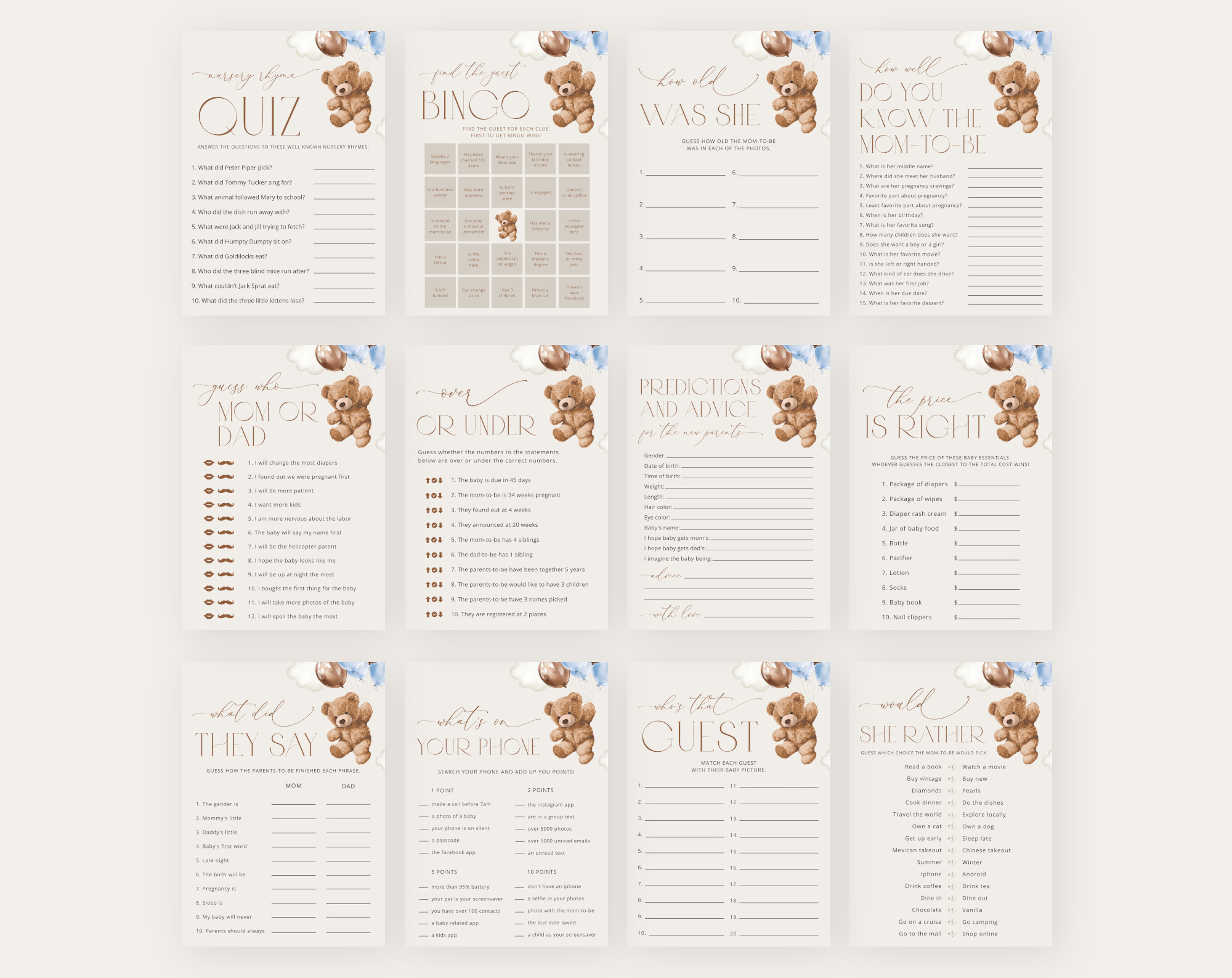 Teddy Bear with Blue Balloons Baby Shower Games Bundle, Set of 35 Games, Boy Baby Shower, Printable File, Edit Yourself, SH65 Teddy Bear with Blue Balloons Baby Shower Games Bundle, Set of 35 Games, Boy Baby Shower, Printable File, Edit Yourself, SH65