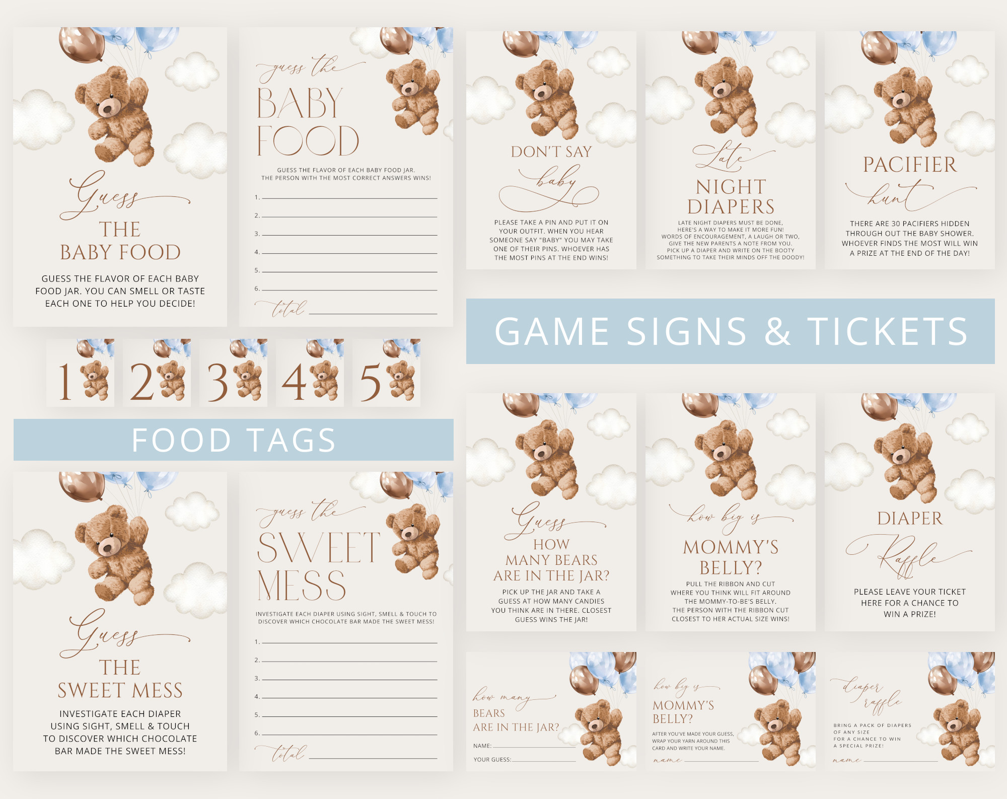 Teddy Bear with Blue Balloons Baby Shower Games Bundle, Set of 35 Games, Boy Baby Shower, Printable File, Edit Yourself, SH65 Teddy Bear with Blue Balloons Baby Shower Games Bundle, Set of 35 Games, Boy Baby Shower, Printable File, Edit Yourself, SH65