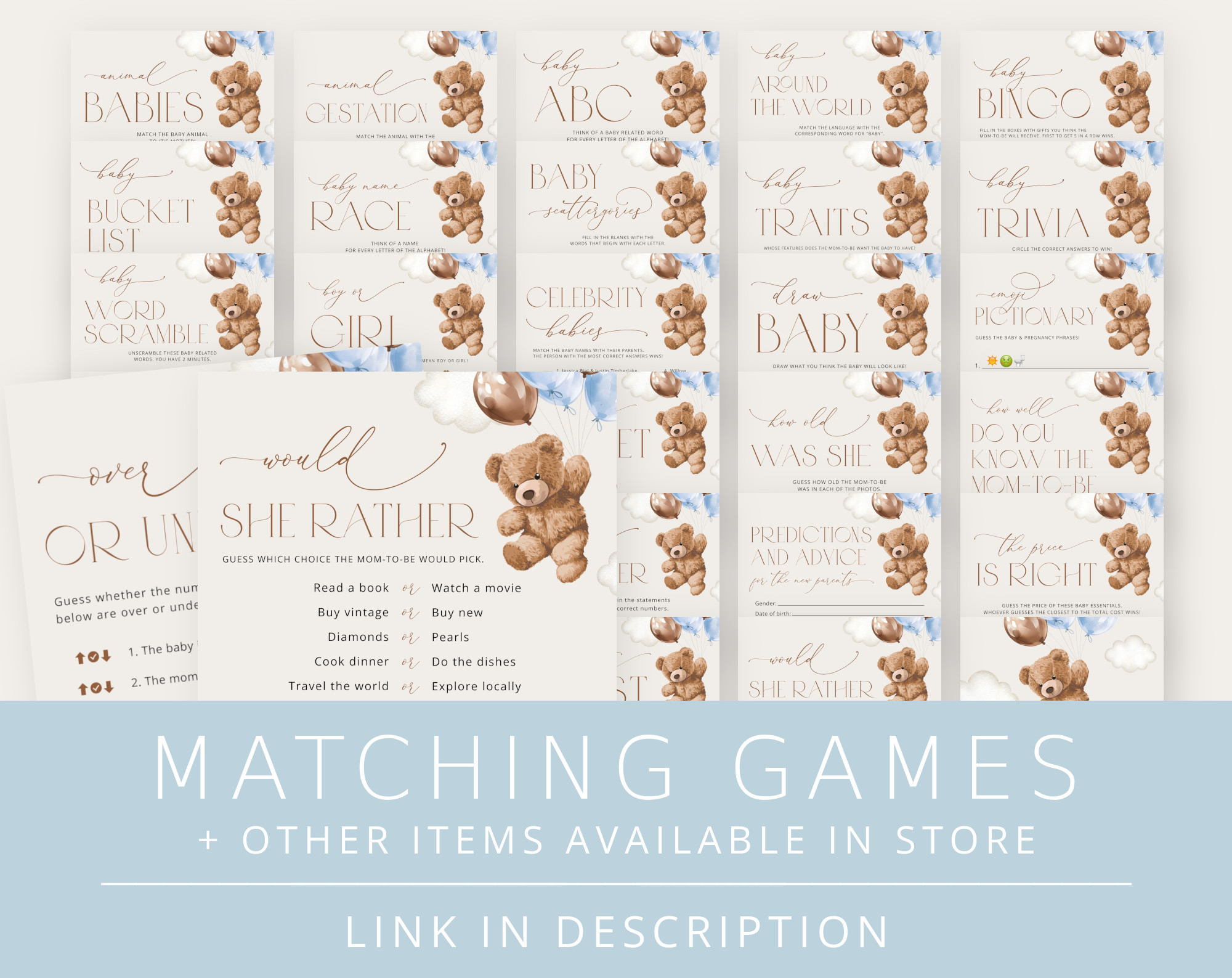 Teddy Bear with Blue Balloons Baby Shower Games Bundle, Set of 35 Games, Boy Baby Shower, Printable File, Edit Yourself, SH65 Teddy Bear with Blue Balloons Baby Shower Games Bundle, Set of 35 Games, Boy Baby Shower, Printable File, Edit Yourself, SH65