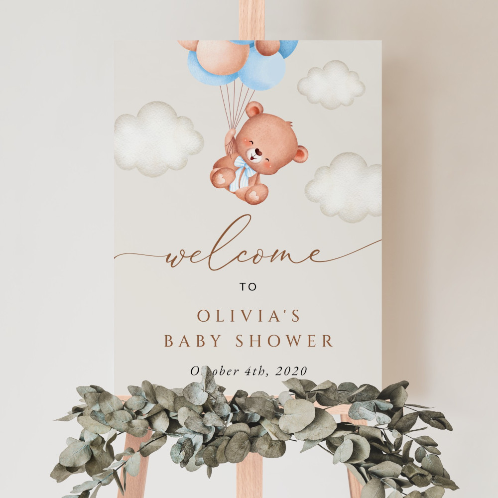 Baby Bear with Blue Balloons Welcome Sign, Baby Shower Sign, Boy Baby Shower, Printable File, Edit Yourself, SH59