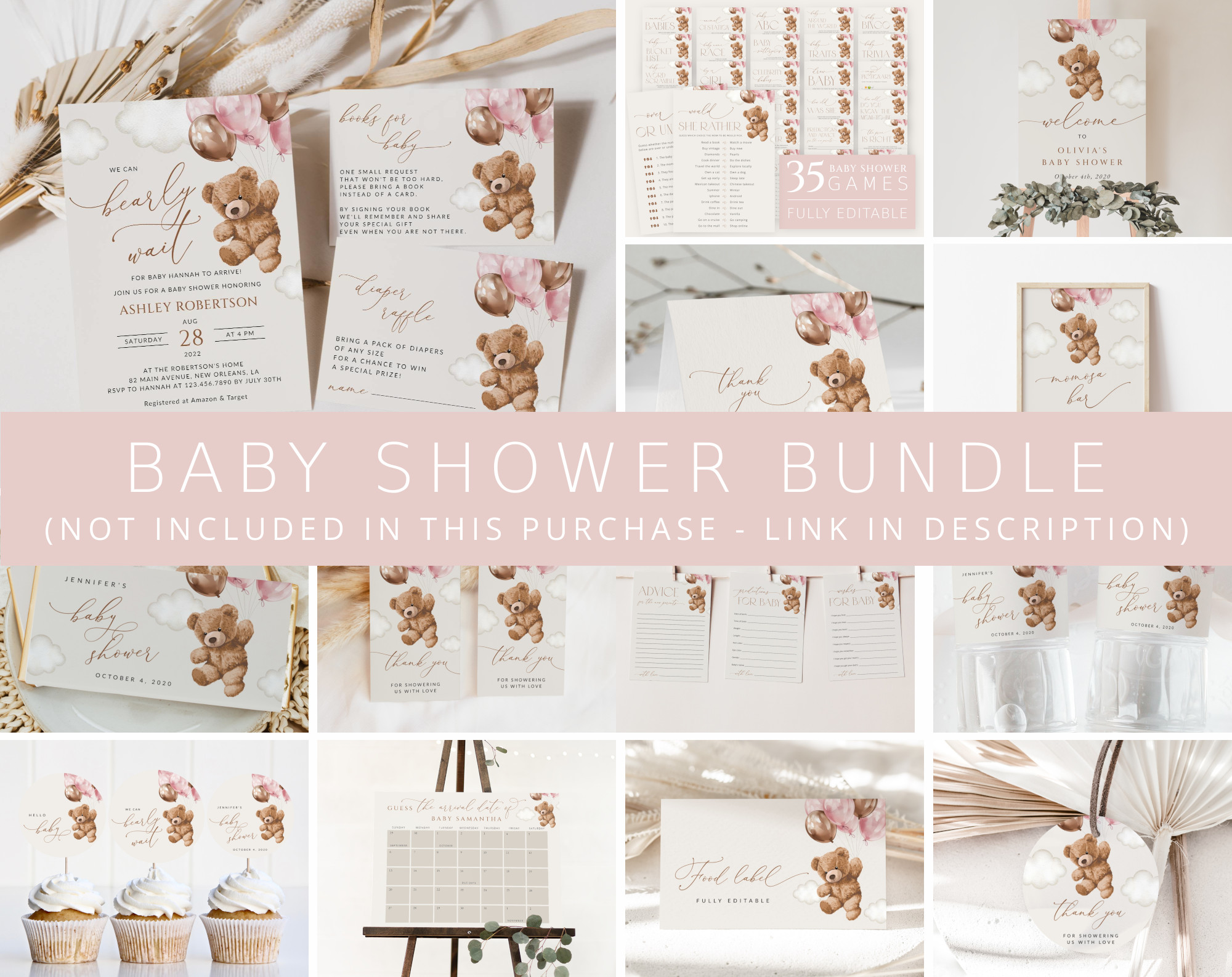 Teddy Bear with Pink Balloons Baby Shower Bundle, Girl Baby Shower, Printable File, Edit Yourself, SH66