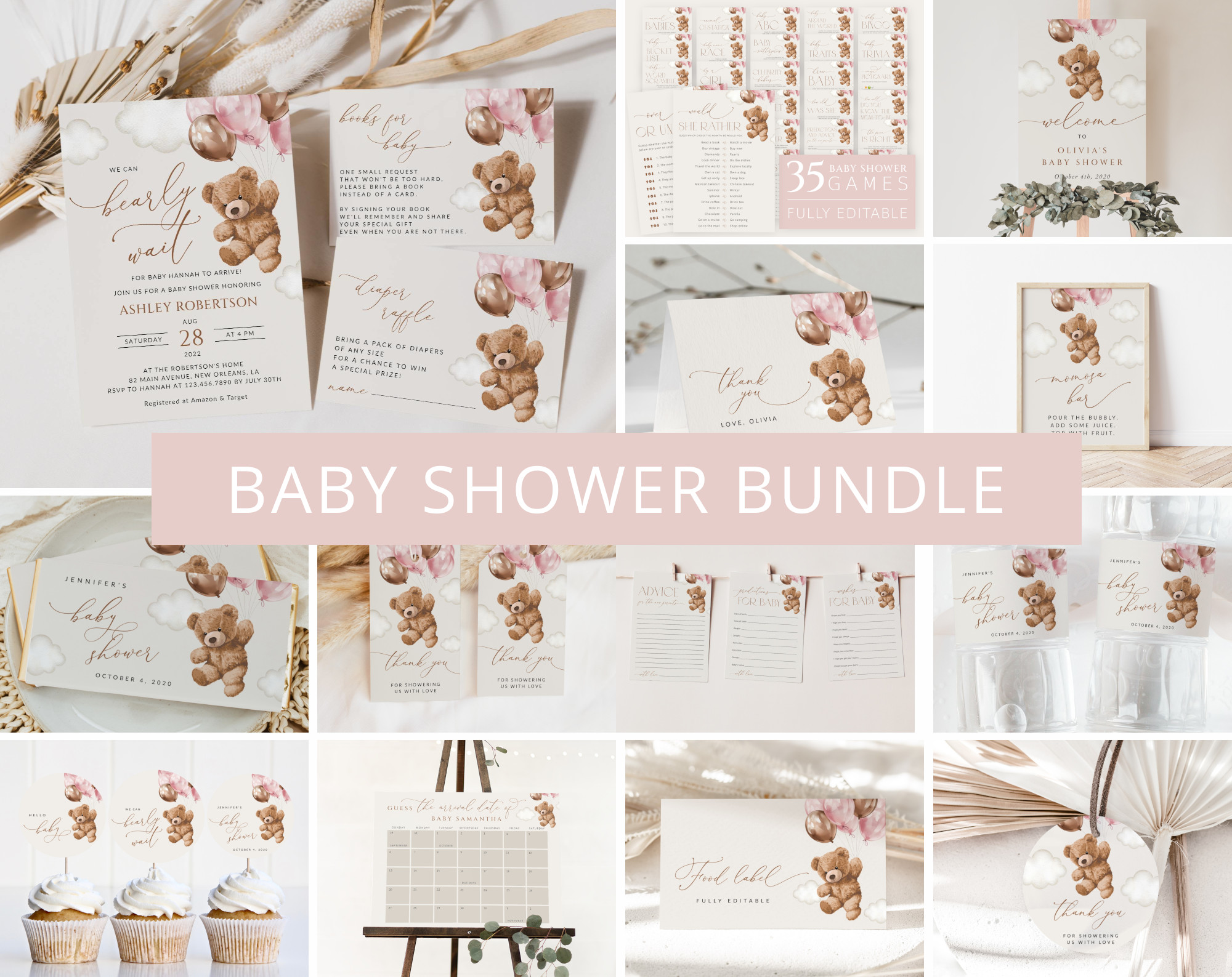 Teddy Bear with Pink Balloons Baby Shower Bundle, Girl Baby Shower, Printable File, Edit Yourself, SH66 Teddy Bear with Pink Balloons Baby Shower Bundle, Girl Baby Shower, Printable File, Edit Yourself, SH66