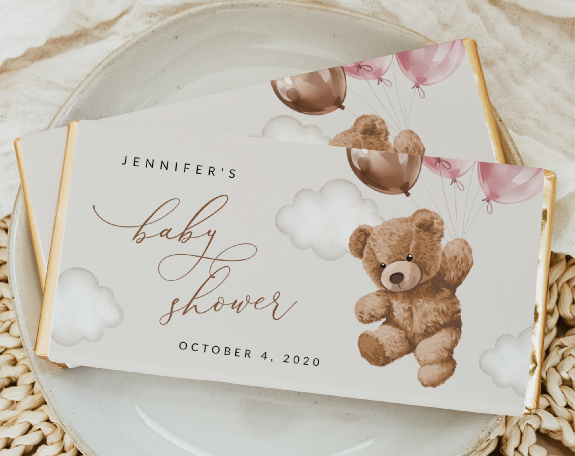 Teddy Bear with Pink Balloons Chocolate Bar Wrapper, Candy Bar Wrapper, Girl Baby Shower, Printable File, Edit Yourself, SH66