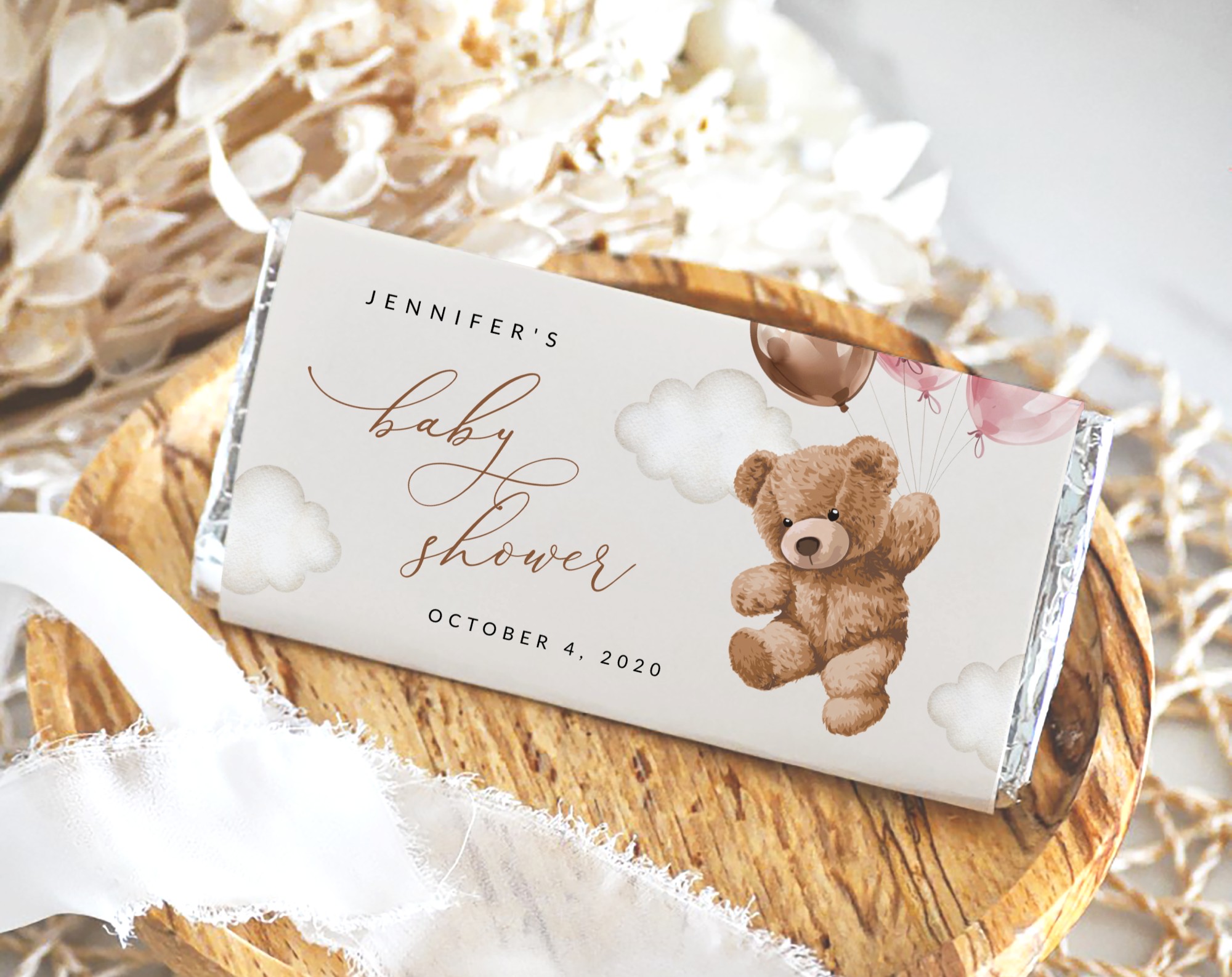 Teddy Bear with Pink Balloons Chocolate Bar Wrapper, Candy Bar Wrapper, Girl Baby Shower, Printable File, Edit Yourself, SH66