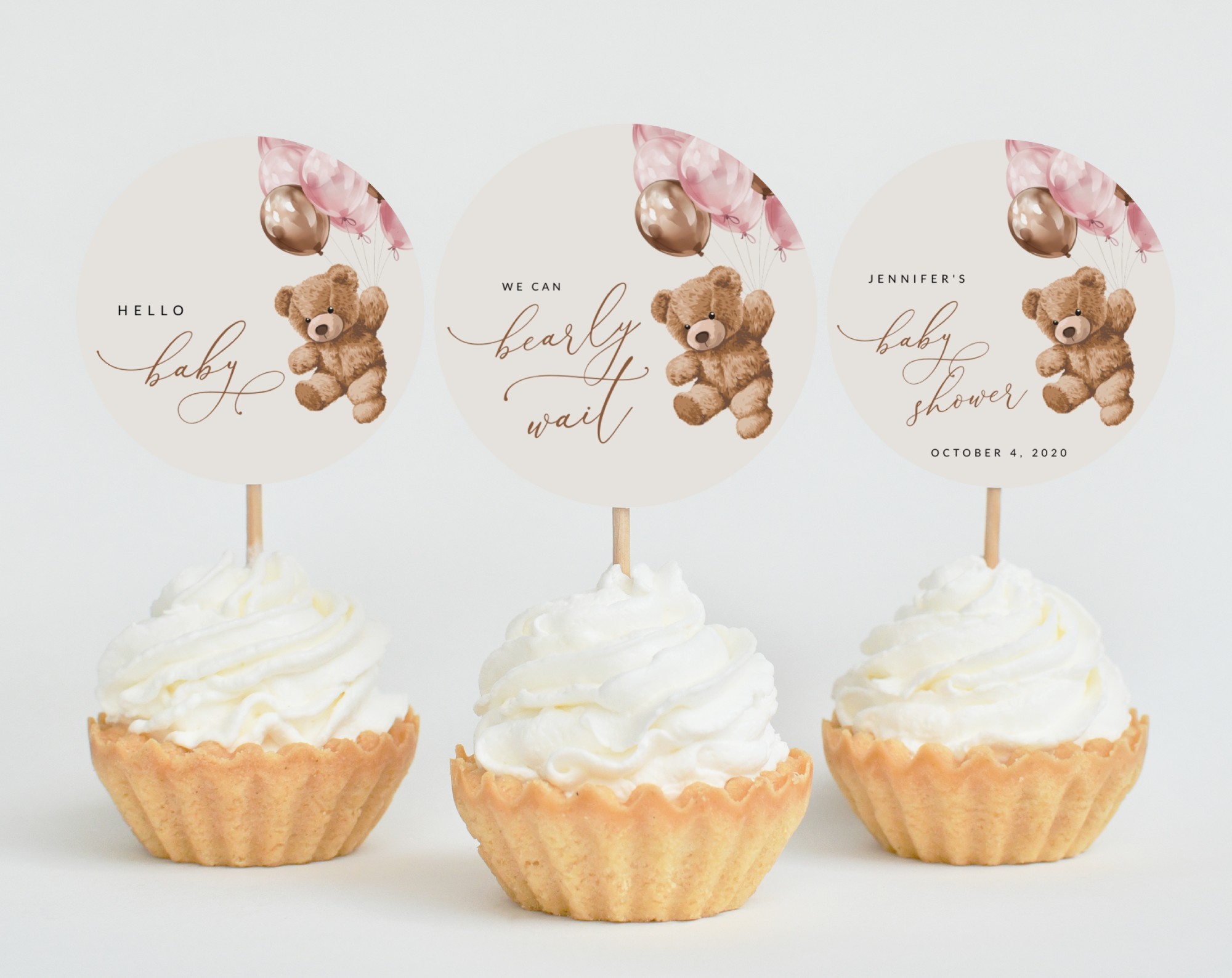 Teddy Bear with Pink Balloons Cupcake Toppers, Baby Shower Decoration, Girl Baby Shower, Printable File, Edit Yourself, SH66