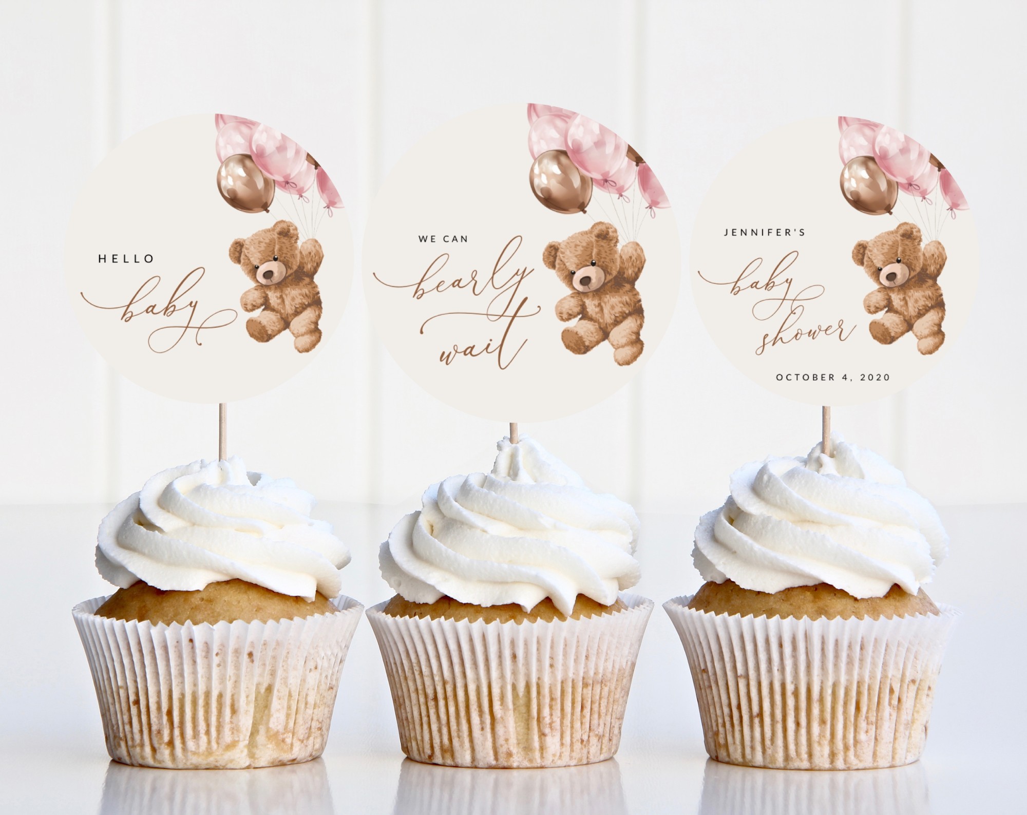 Teddy Bear with Pink Balloons Cupcake Toppers, Baby Shower Decoration, Girl Baby Shower, Printable File, Edit Yourself, SH66 Teddy Bear with Pink Balloons Cupcake Toppers, Baby Shower Decoration, Girl Baby Shower, Printable File, Edit Yourself, SH66