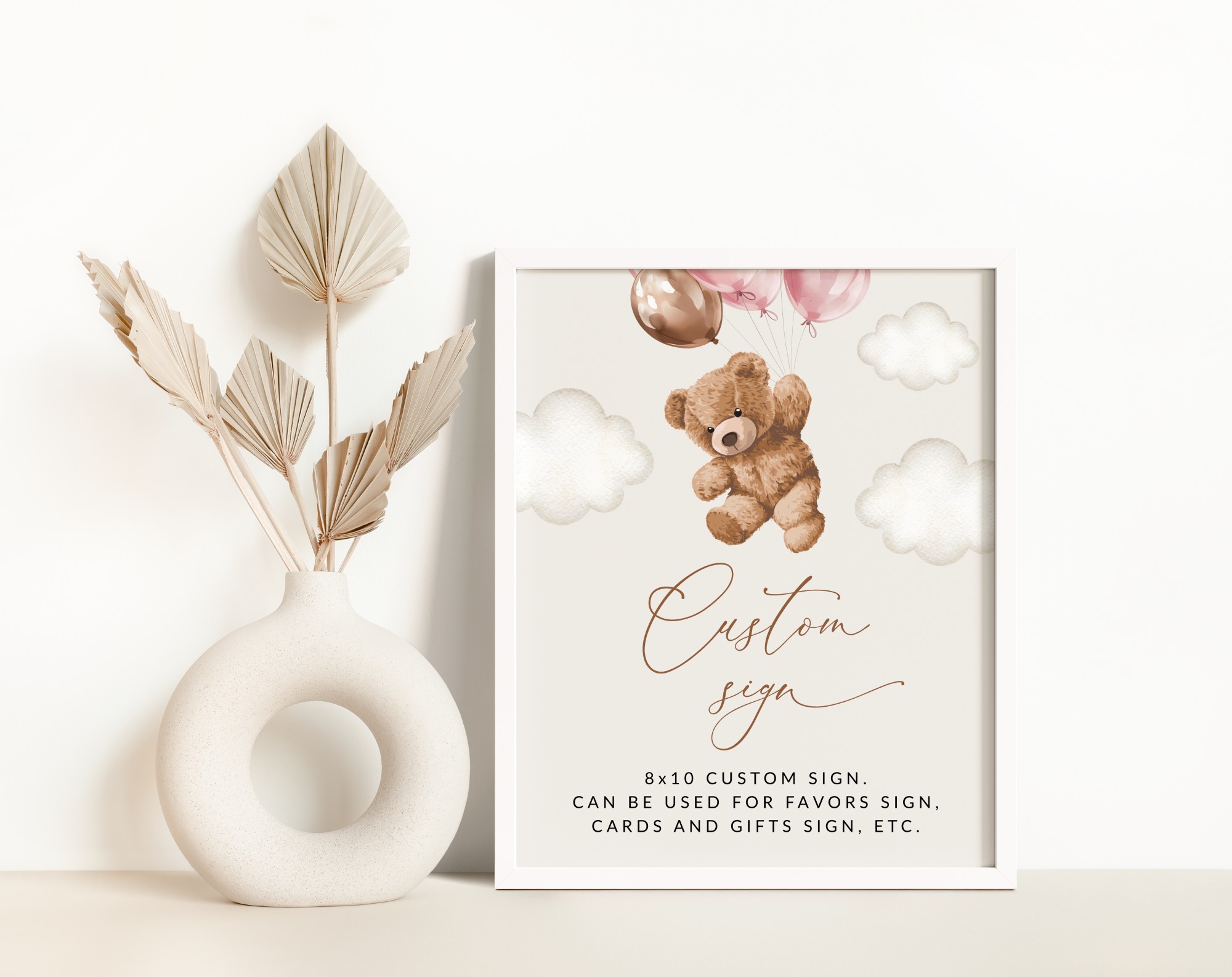 Teddy Bear with Pink Balloons Custom Sign, Baby Shower Sign, Girl Baby Shower, Printable File, Edit Yourself, SH66