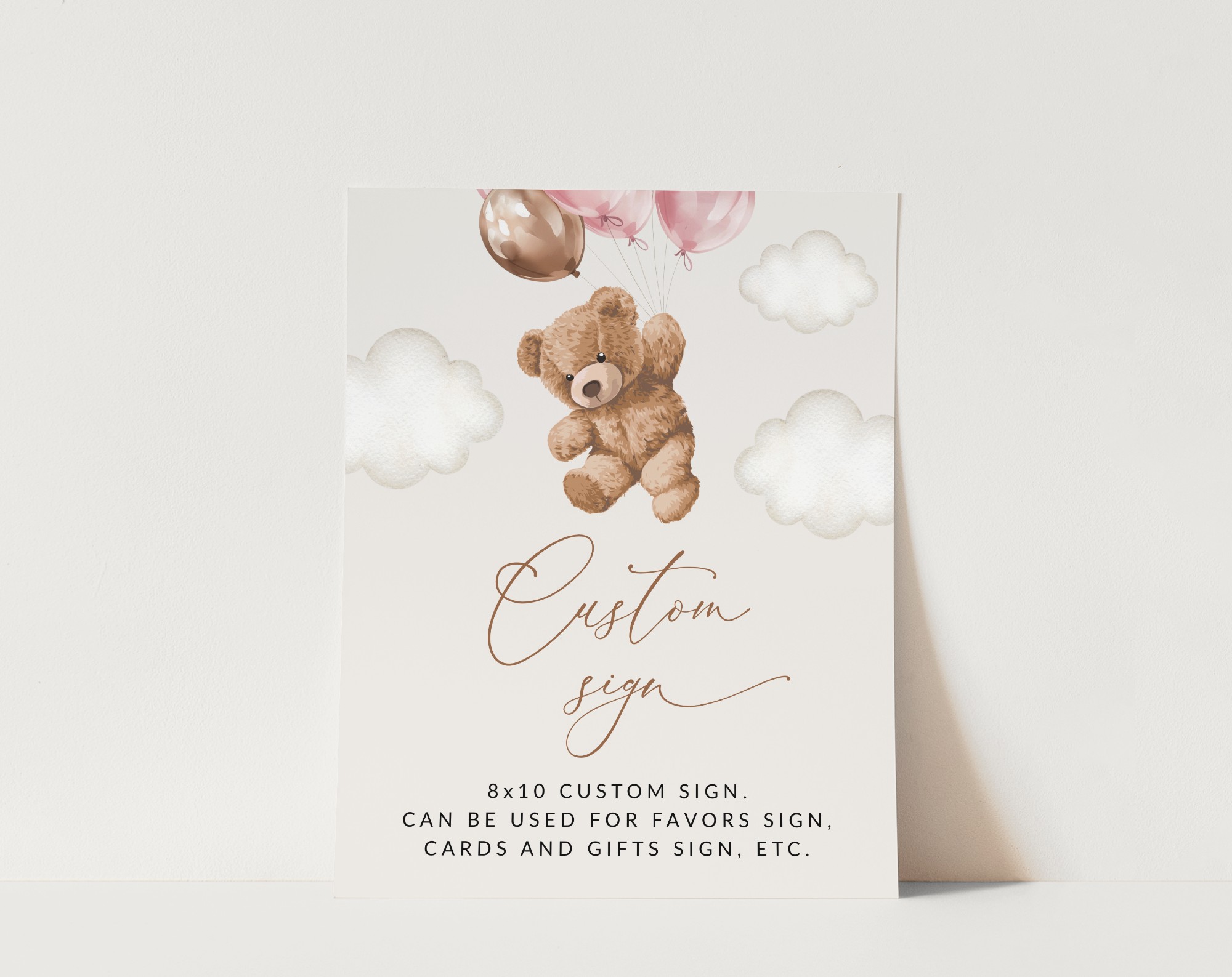 Teddy Bear with Pink Balloons Custom Sign, Baby Shower Sign, Girl Baby Shower, Printable File, Edit Yourself, SH66