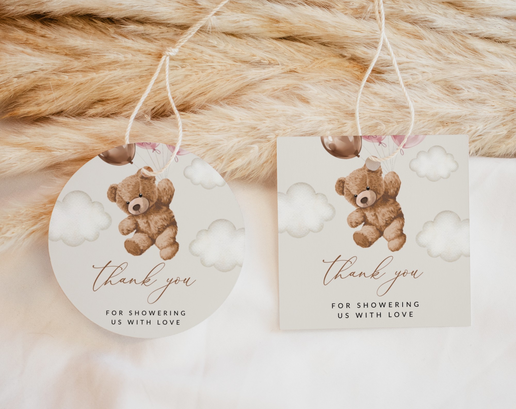 Teddy Bear with Pink Balloons Favor Tags, Gift Tags, Party Tags, Girl Baby Shower, Printable File, Edit Yourself, SH66