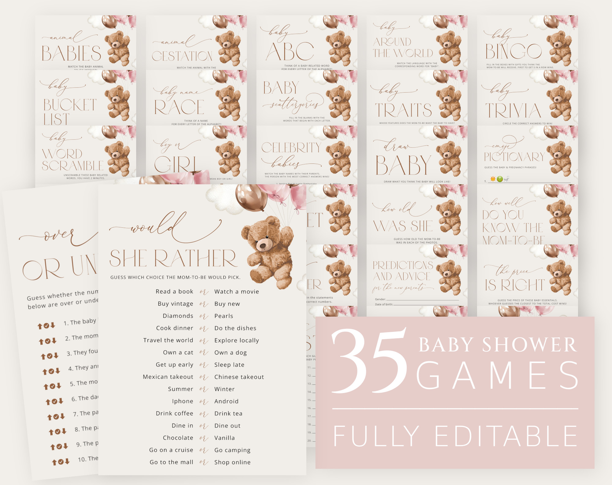 Teddy Bear with Pink Balloons Baby Shower Games Bundle, Set of 35 Games, Girl Baby Shower, Printable File, Edit Yourself, SH66 Teddy Bear with Pink Balloons Baby Shower Games Bundle, Set of 35 Games, Girl Baby Shower, Printable File, Edit Yourself, SH66
