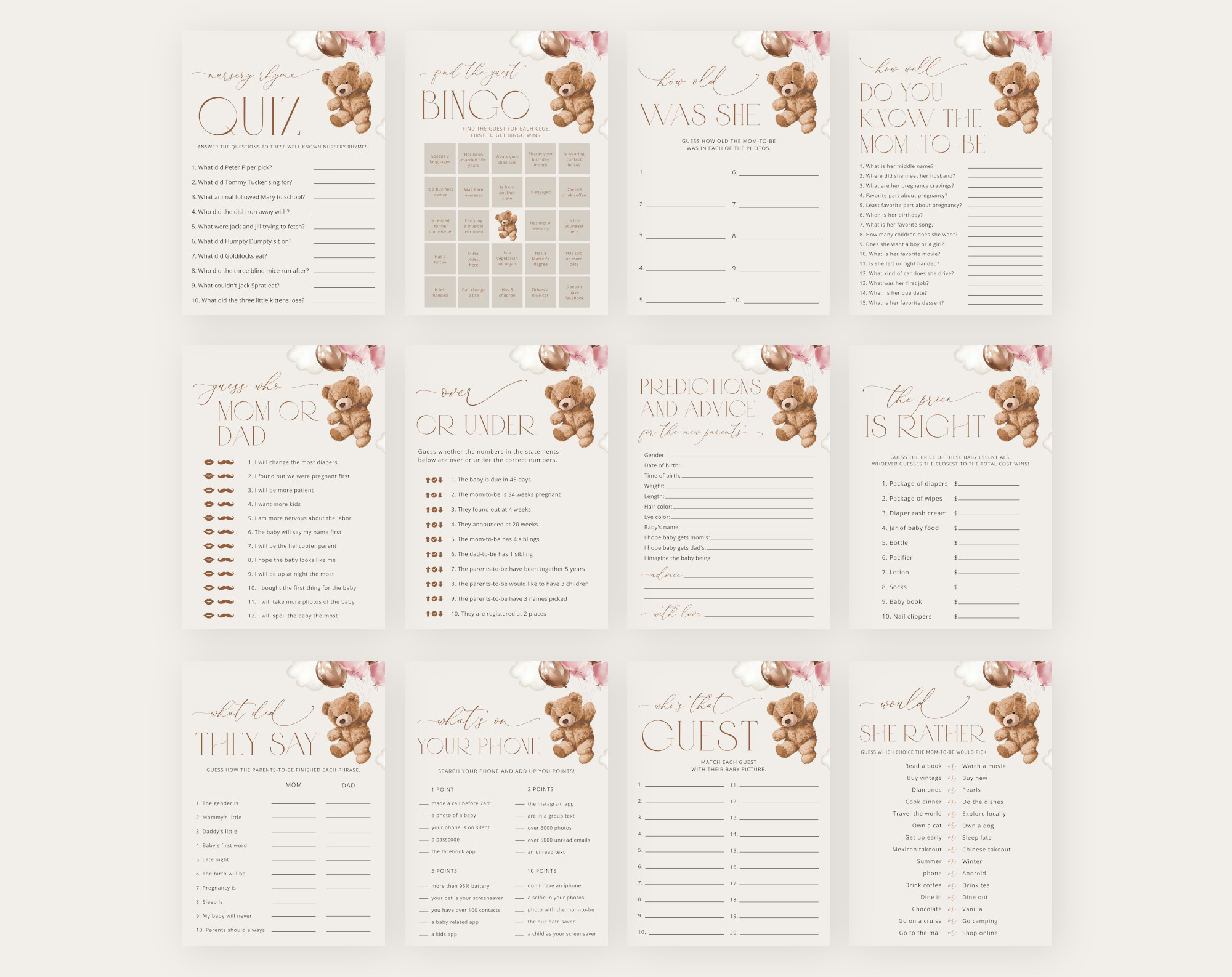 Teddy Bear with Pink Balloons Baby Shower Games Bundle, Set of 35 Games, Girl Baby Shower, Printable File, Edit Yourself, SH66