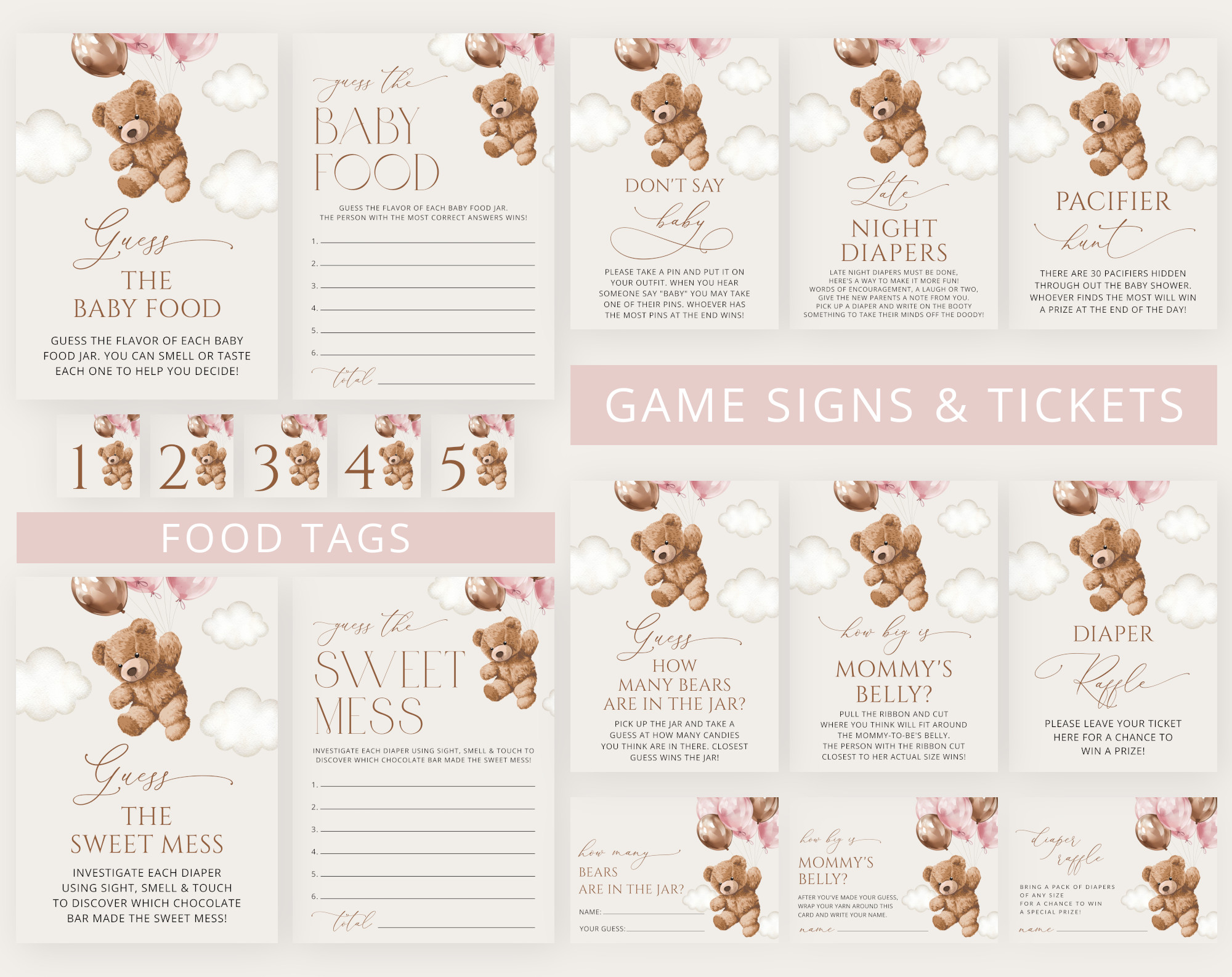 Teddy Bear with Pink Balloons Baby Shower Games Bundle, Set of 35 Games, Girl Baby Shower, Printable File, Edit Yourself, SH66