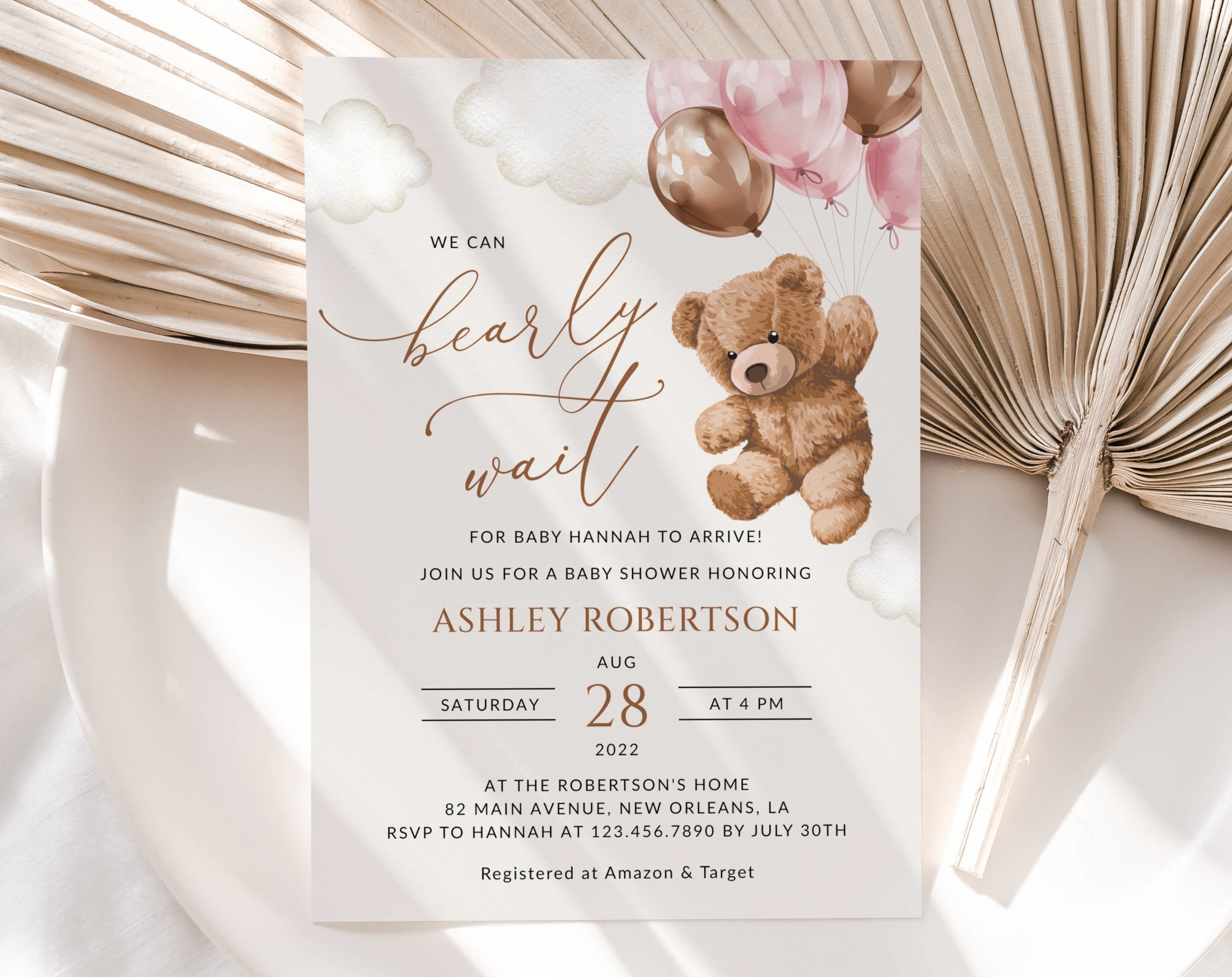 Teddy Bear with Pink Balloons Baby Shower Invitation, Girl Baby Shower, Printable File, Edit Yourself, SH66 Teddy Bear with Pink Balloons Baby Shower Invitation, Girl Baby Shower, Printable File, Edit Yourself, SH66