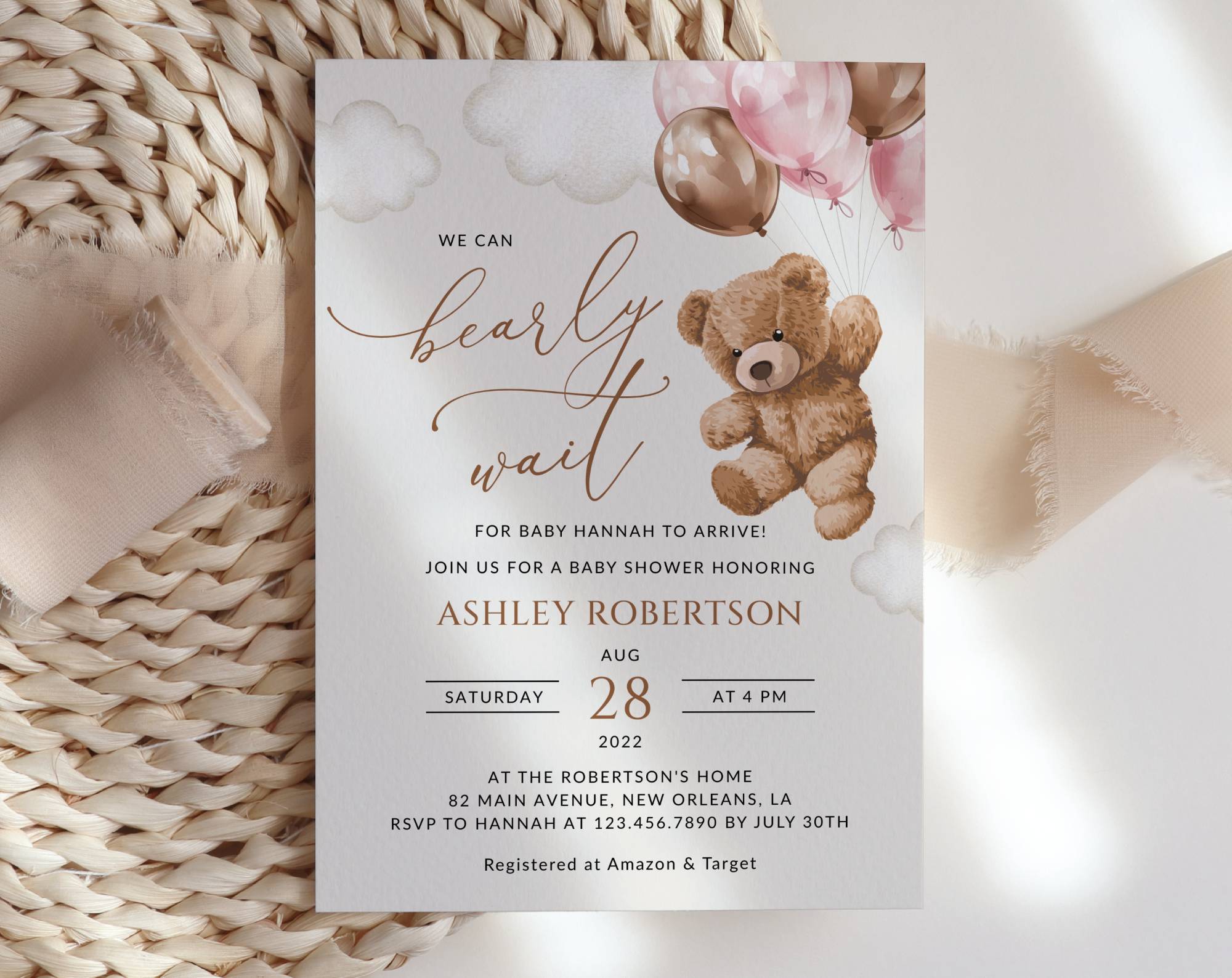 Teddy Bear with Pink Balloons Baby Shower Invitation, Girl Baby Shower, Printable File, Edit Yourself, SH66 Teddy Bear with Pink Balloons Baby Shower Invitation, Girl Baby Shower, Printable File, Edit Yourself, SH66